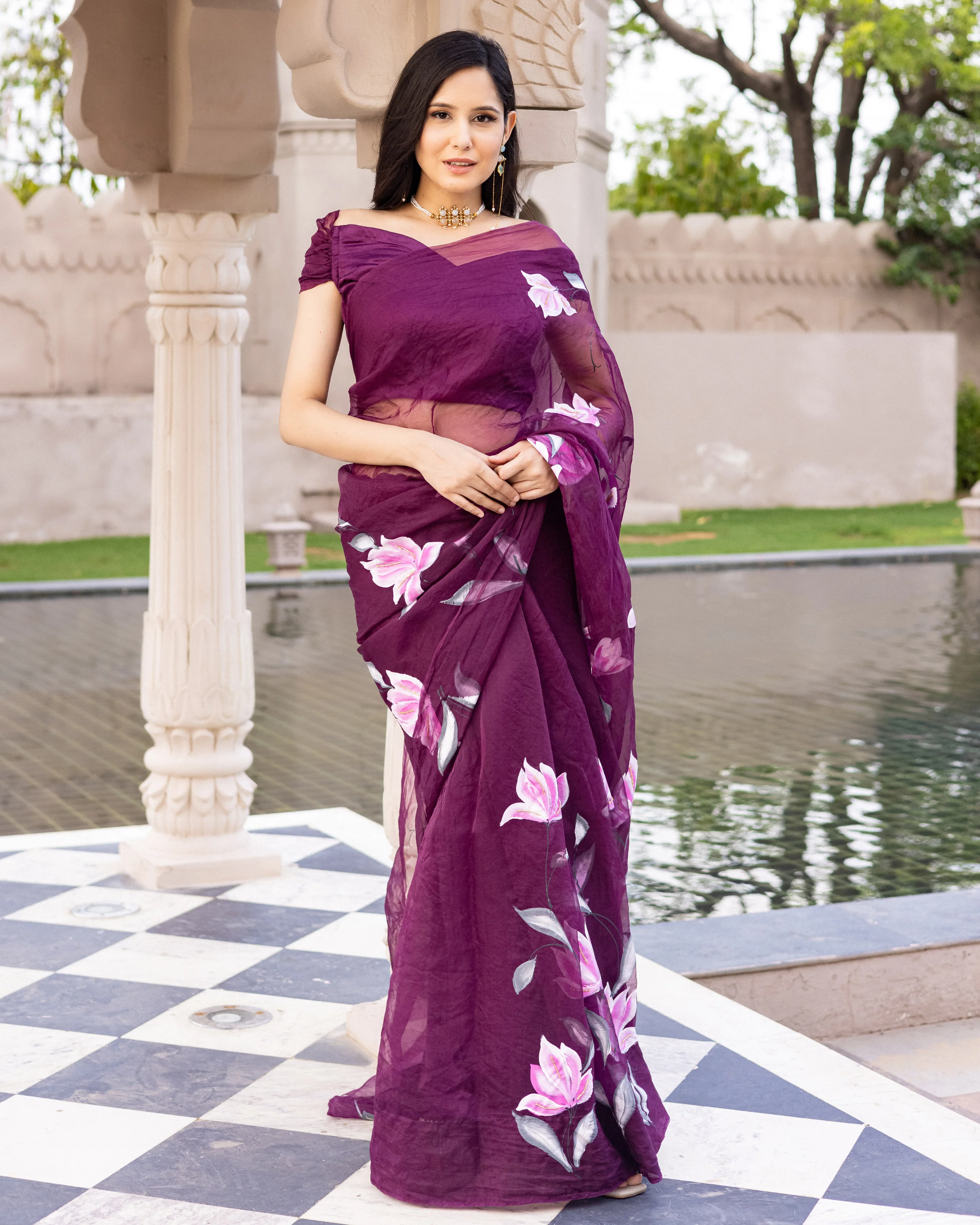 Ragmala Handpainted Organza Saree - Image 5