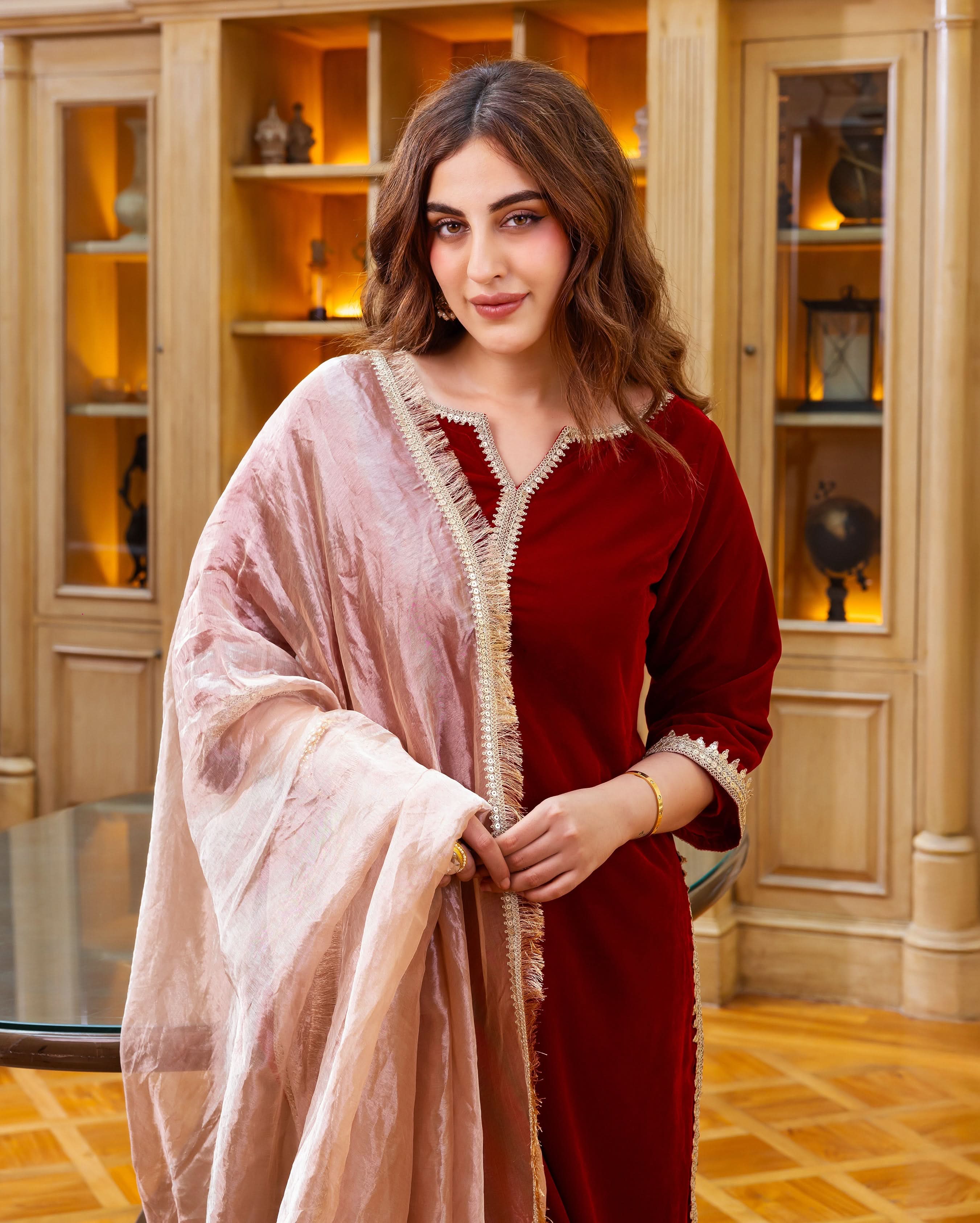 Raha Red Solid Velvet Suit Set - Image 2
