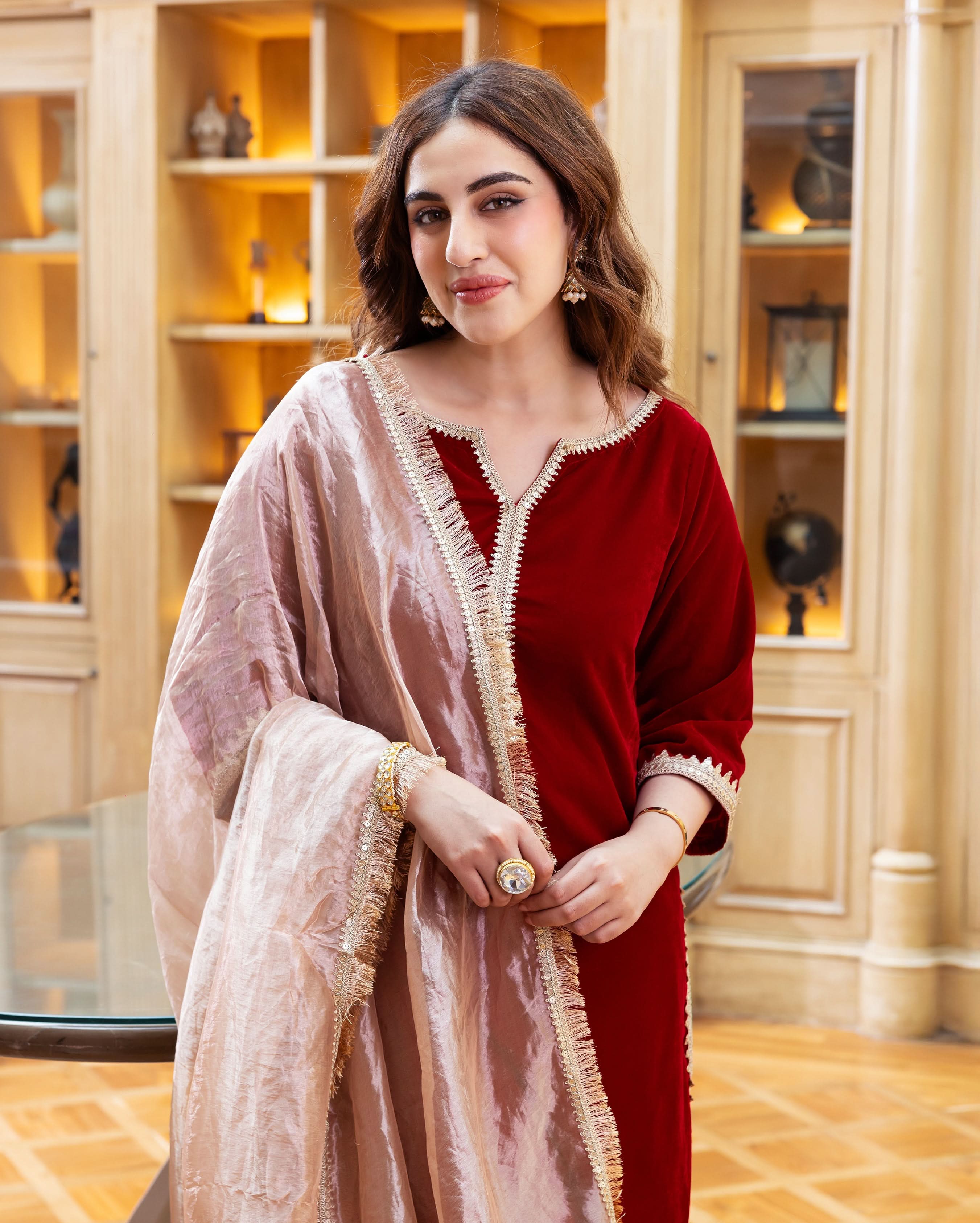 Raha Red Solid Velvet Suit Set - Image 4