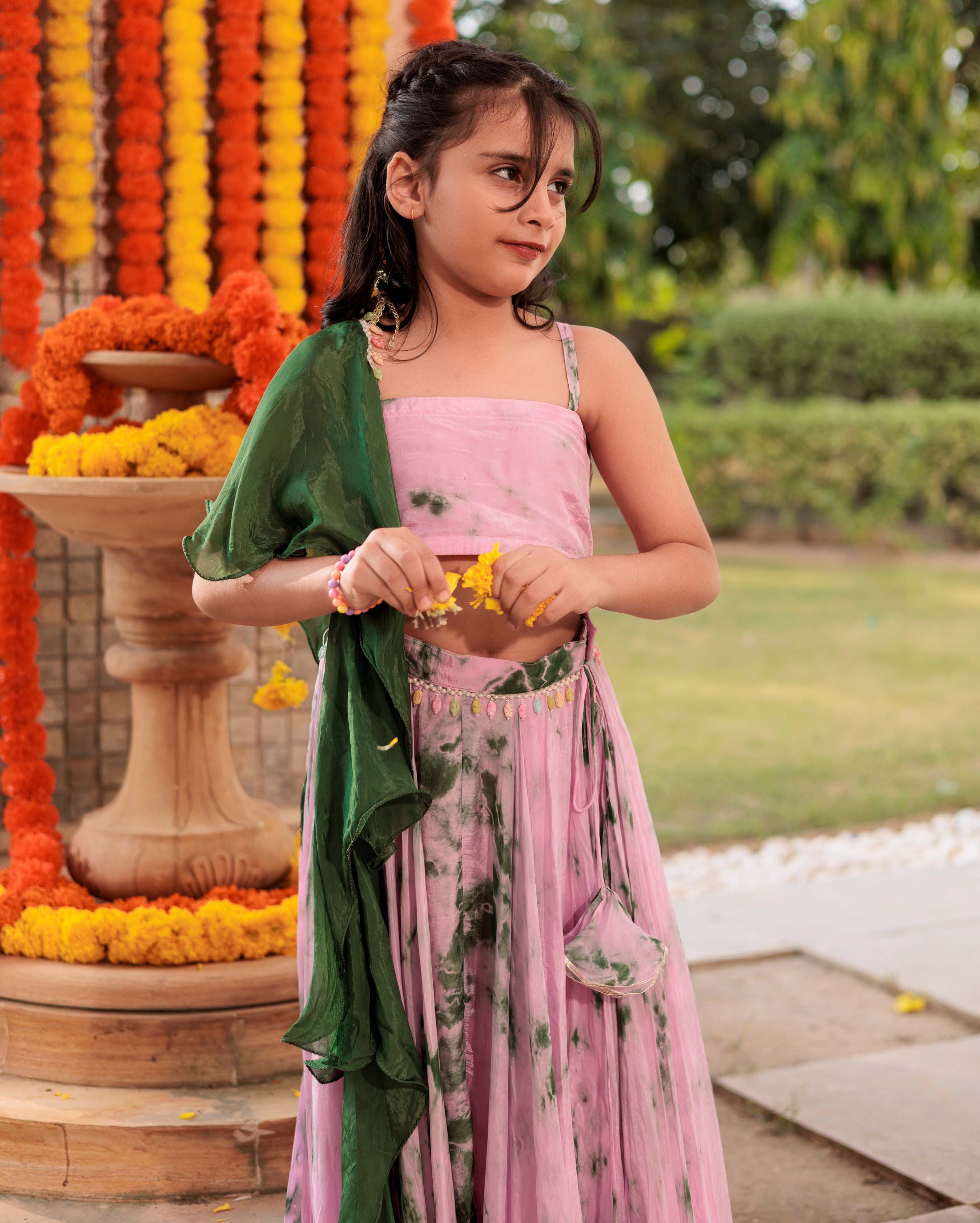 Rainbow Ripple Pink Green Tie Dye Silk Lehenga set - Image 5