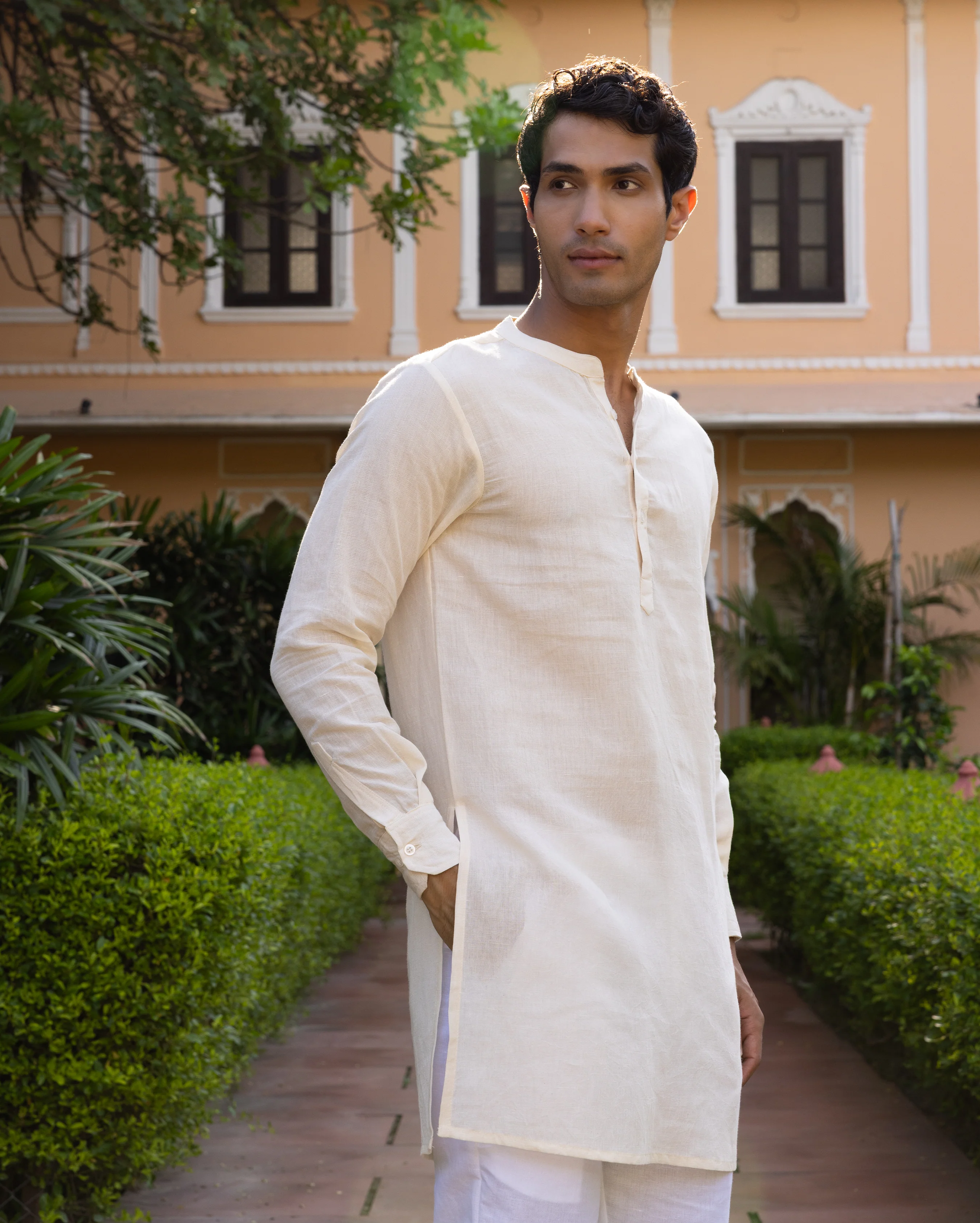 Rajendra Off white Solid Linen Kurta - Image 2