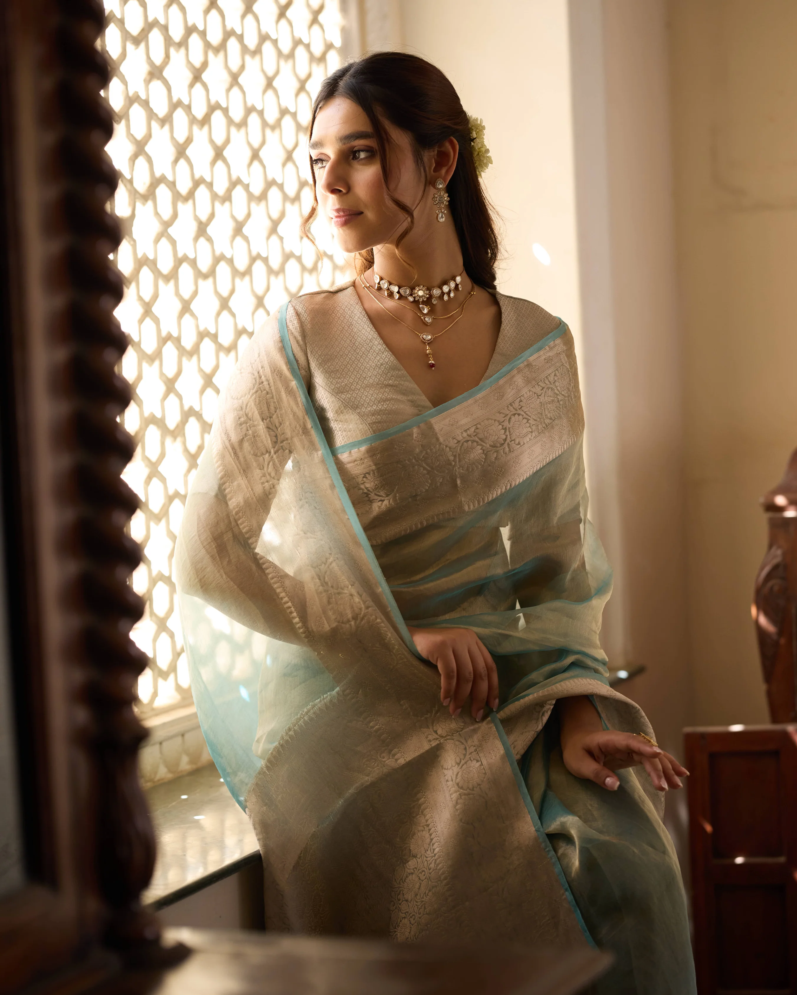 Rajni Sage Blue Solid Pure Tissue Saree