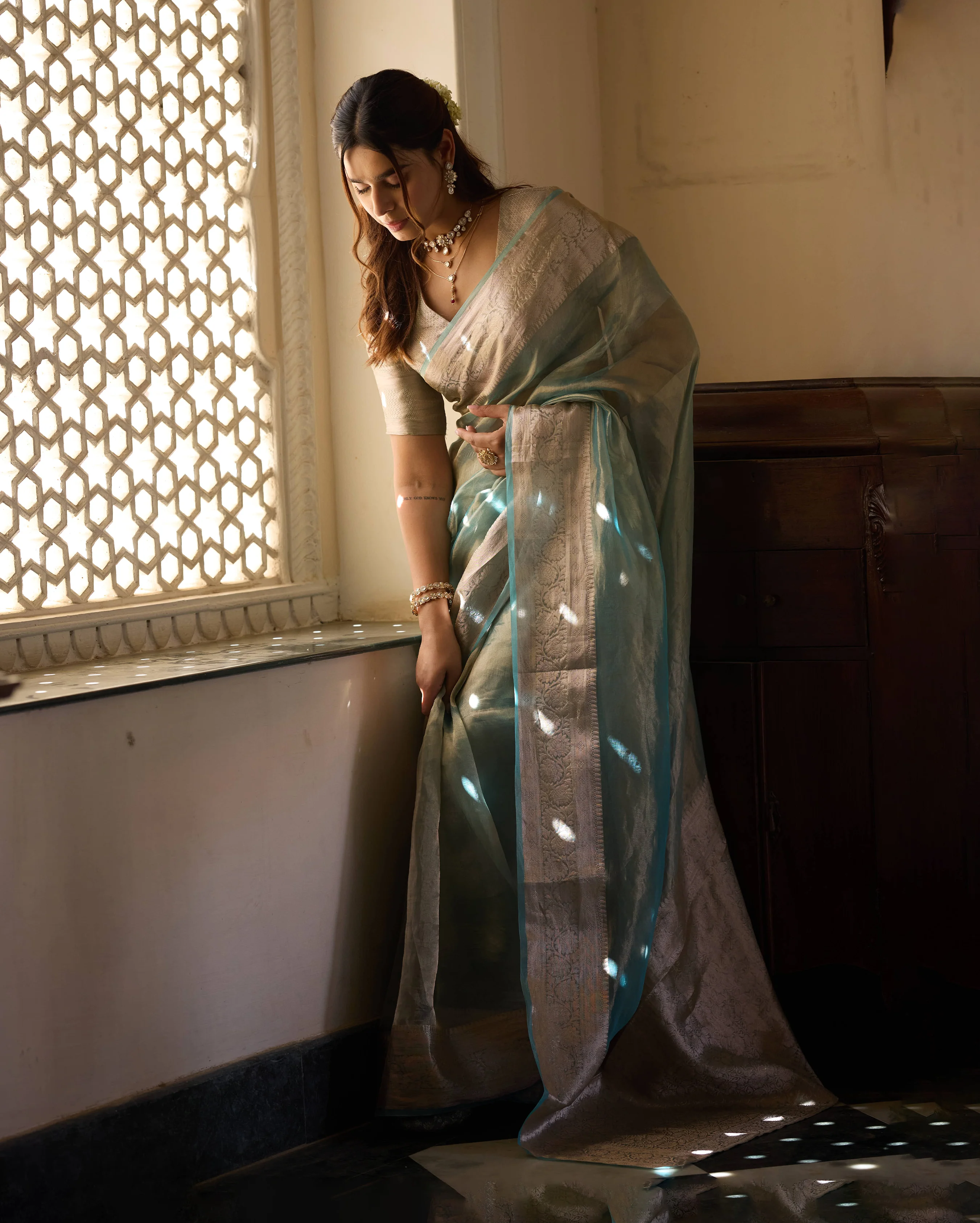 Rajni Sage Blue Solid Pure Tissue Saree - Image 3