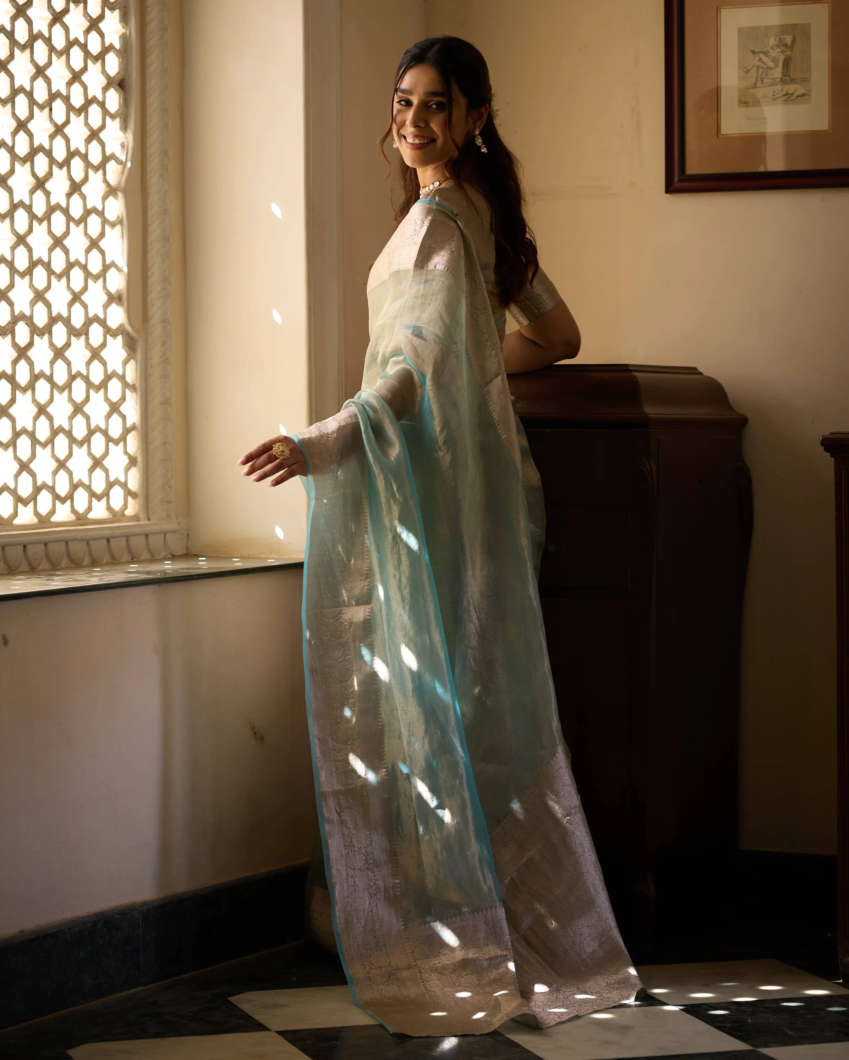 Rajni Sage Blue Solid Pure Tissue Saree - Image 4