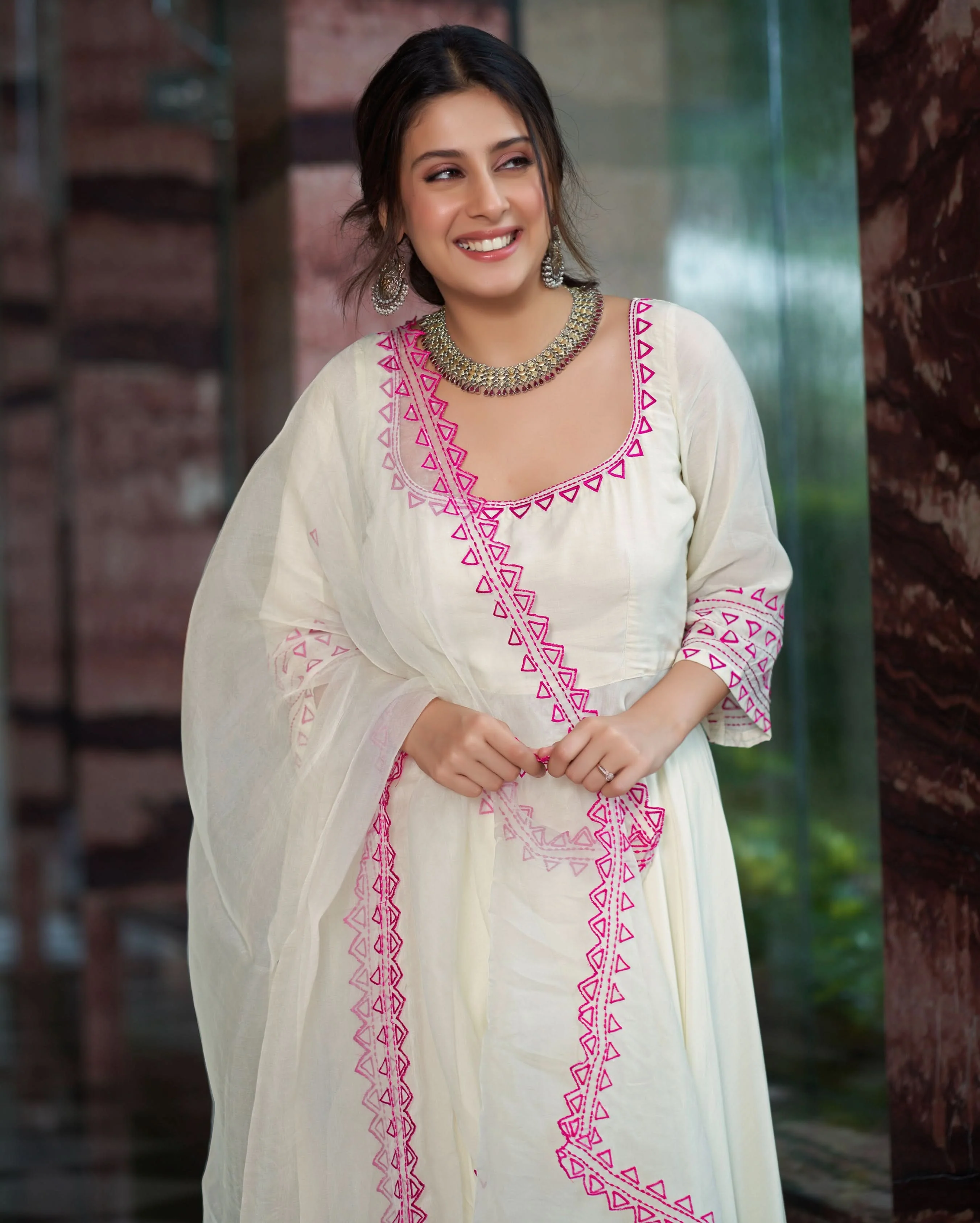 Rajsi Pink Cream Embroidered Muslin Silk Suit Set - Image 5