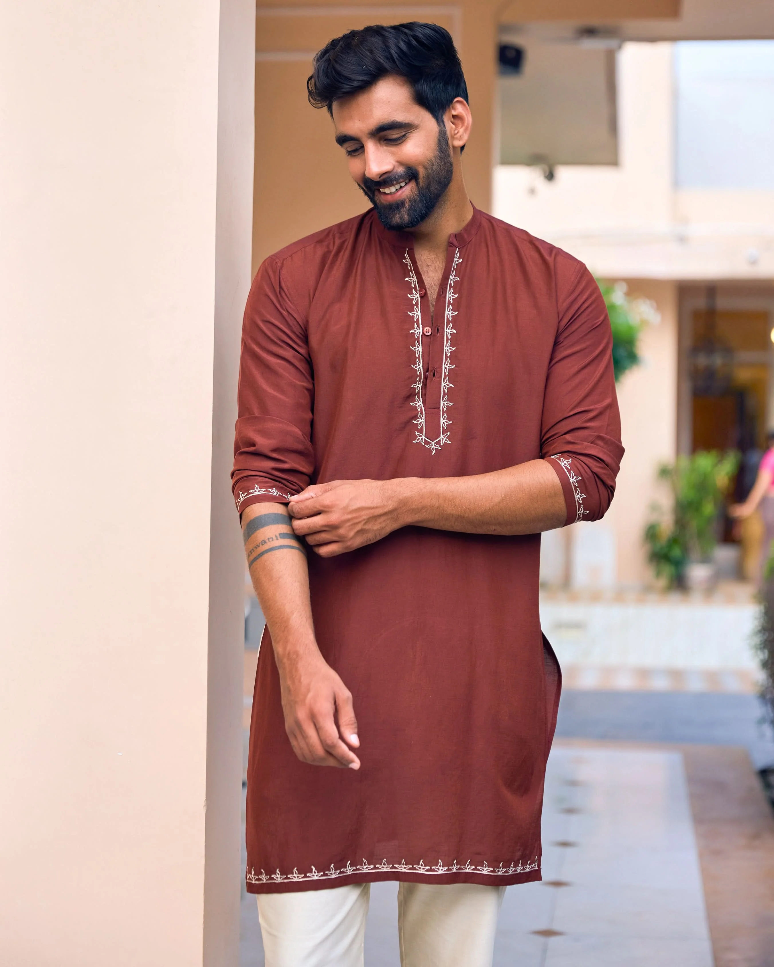 Rajvansh Brown Embroidered Silk Kurta - Image 2