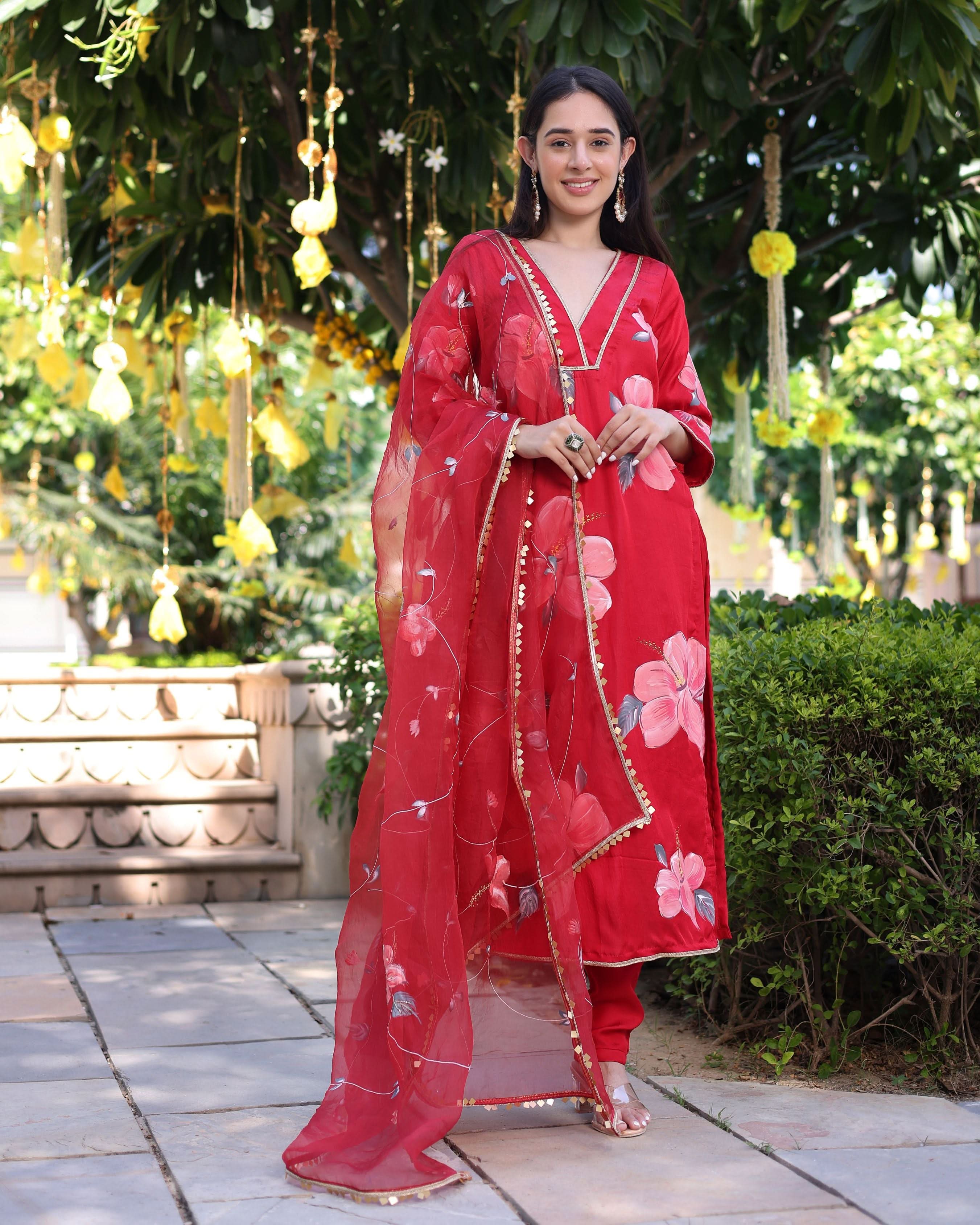 Raspberry Blush Red Handpainted Satin Suit Set - Image 2