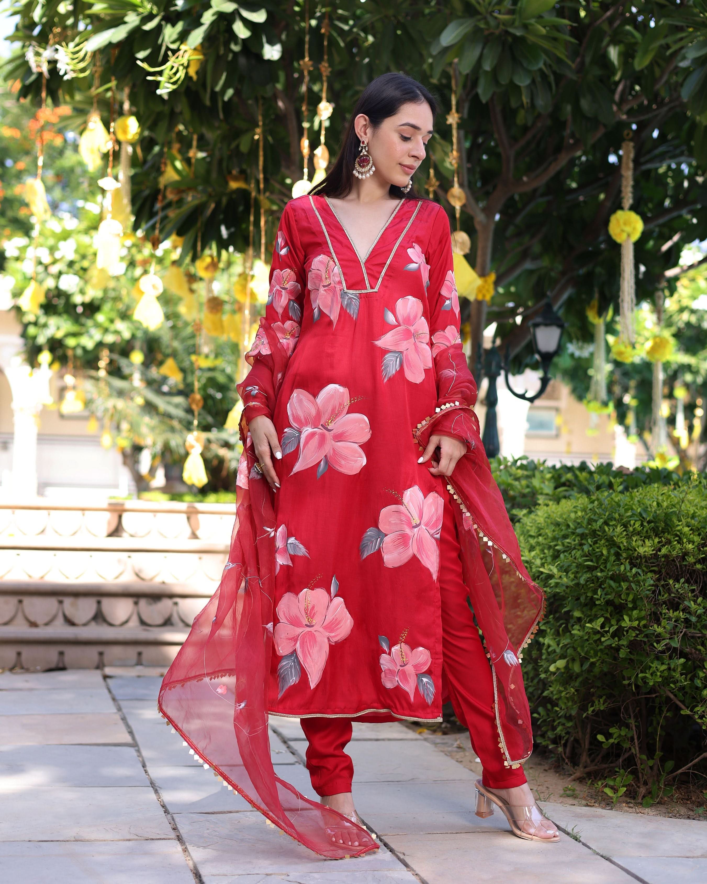 Raspberry Blush Red Handpainted Satin Suit Set - Image 7