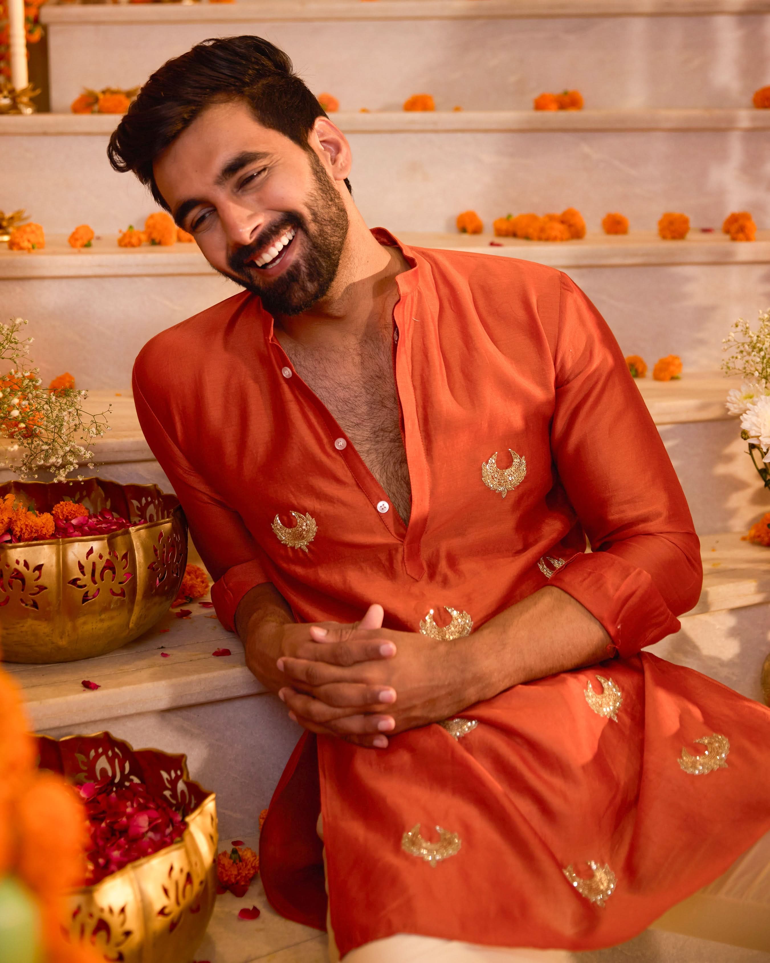 Ratnav Orange Embroidered Chanderi Kurta - Image 6
