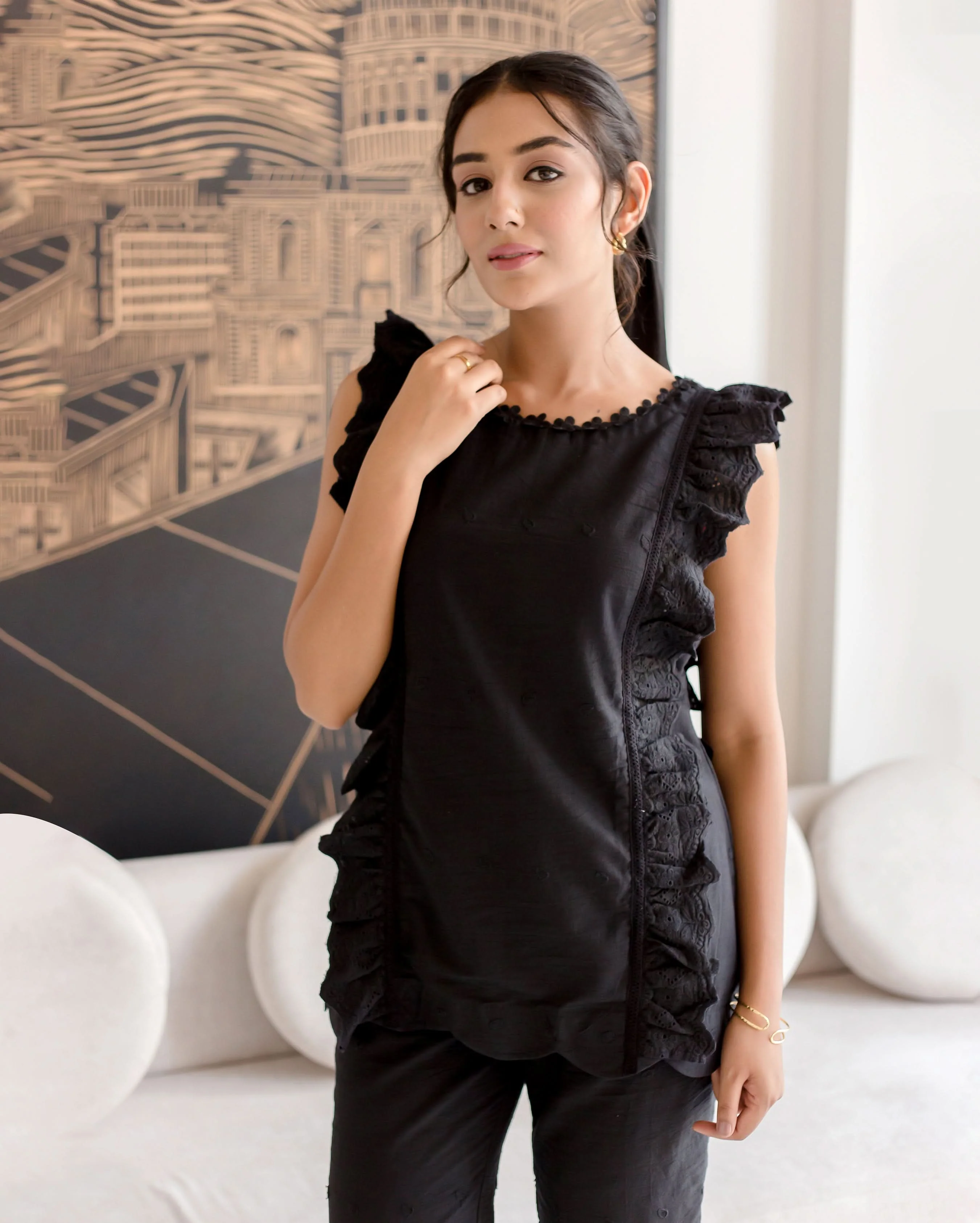 Raven Black Solid Cotton Schiffli Coord Set - Image 3