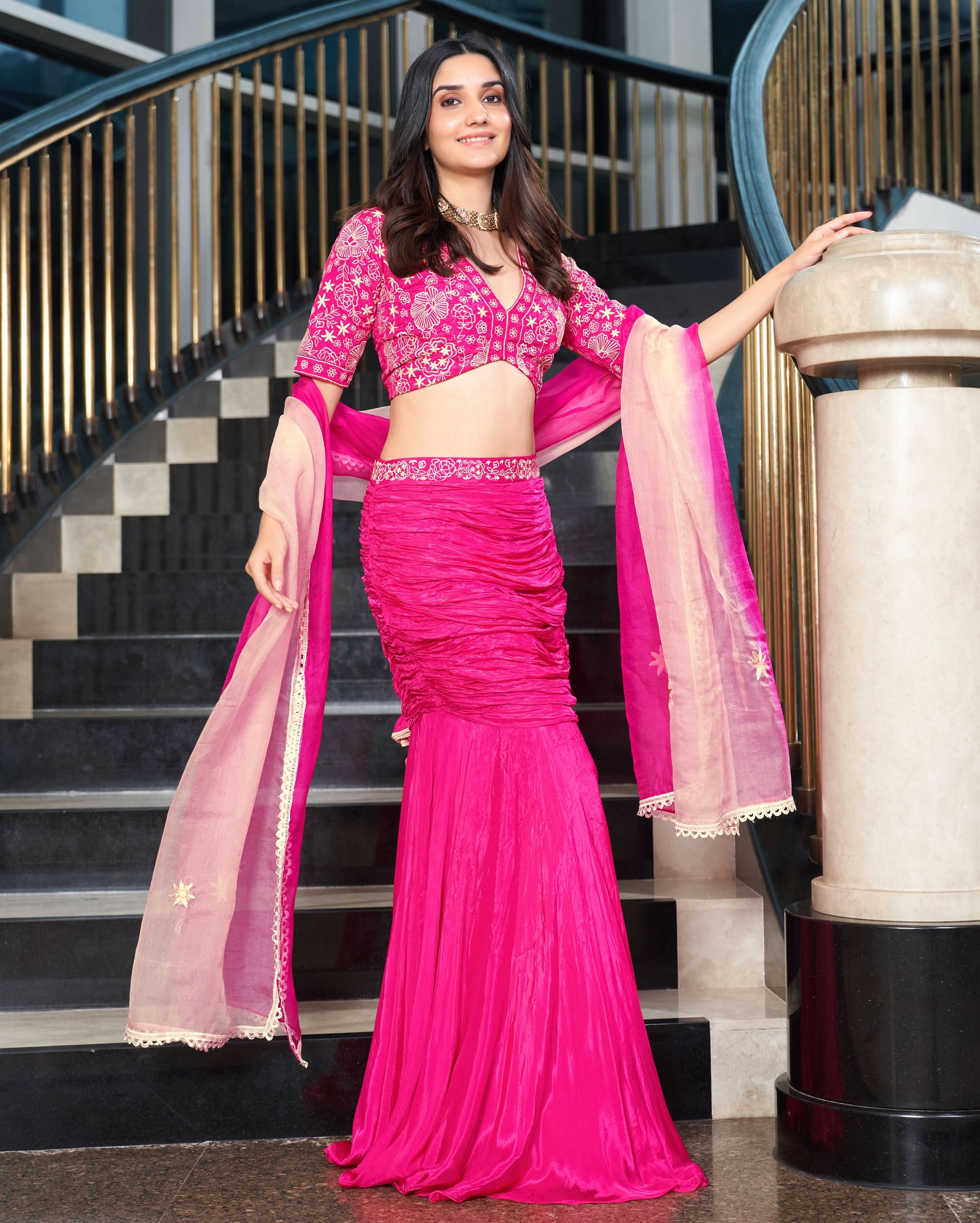 Razzle Pink Embroidered Tabby Silk Lehenga Set - Image 5