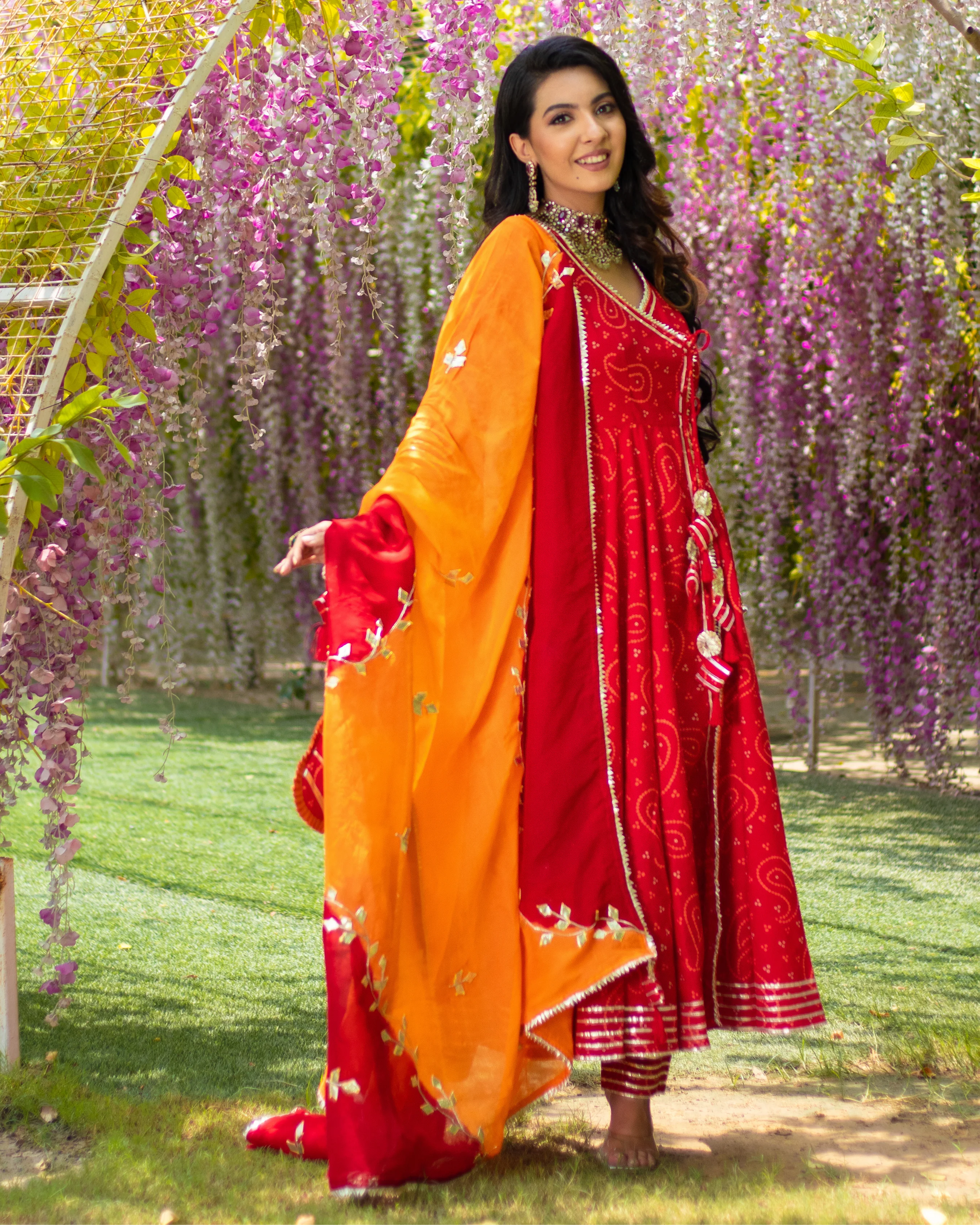Red Amour Bandhej Gota Suit Set With Gota Potli - Image 3