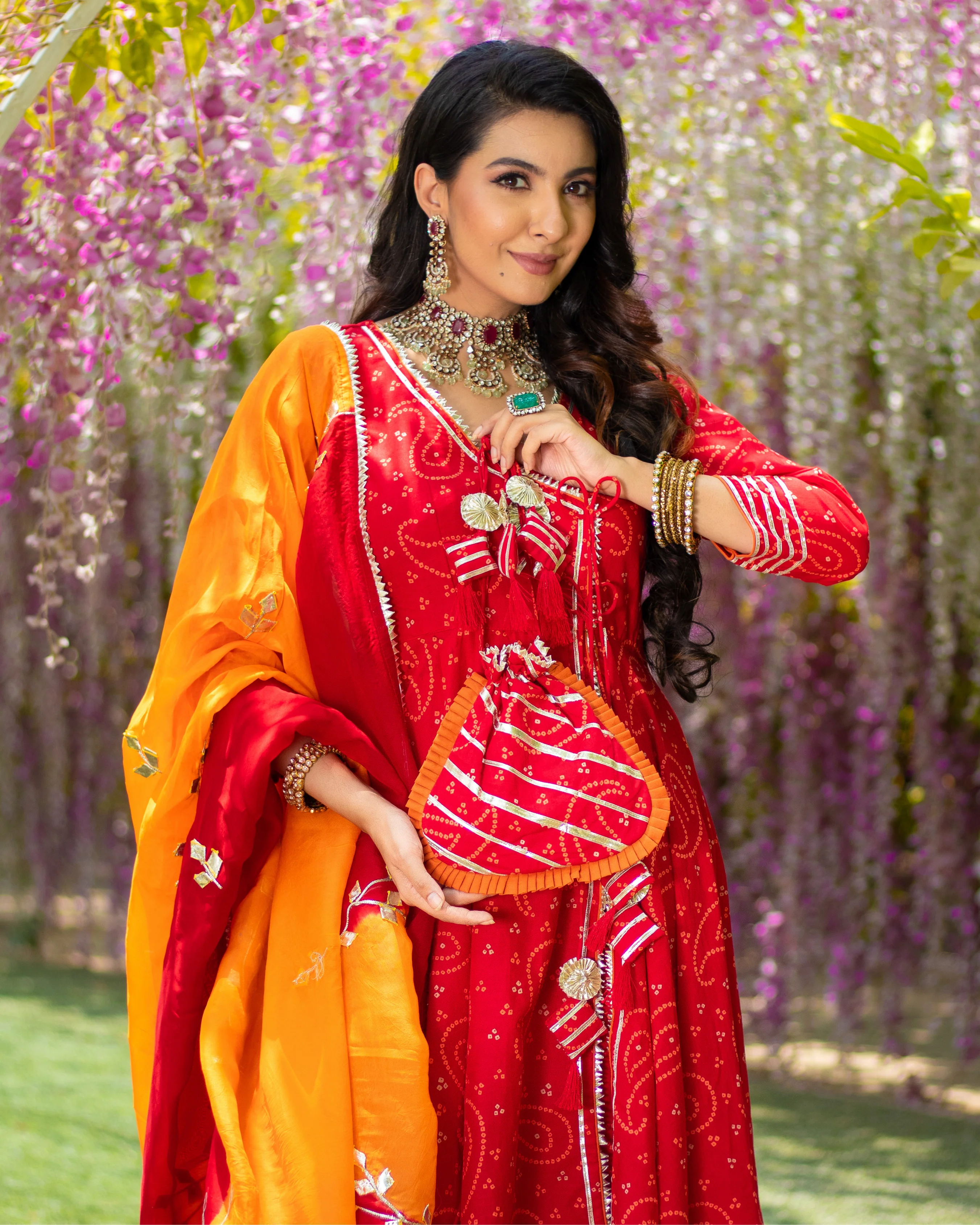 Red Amour Bandhej Gota Suit Set With Gota Potli - Image 4