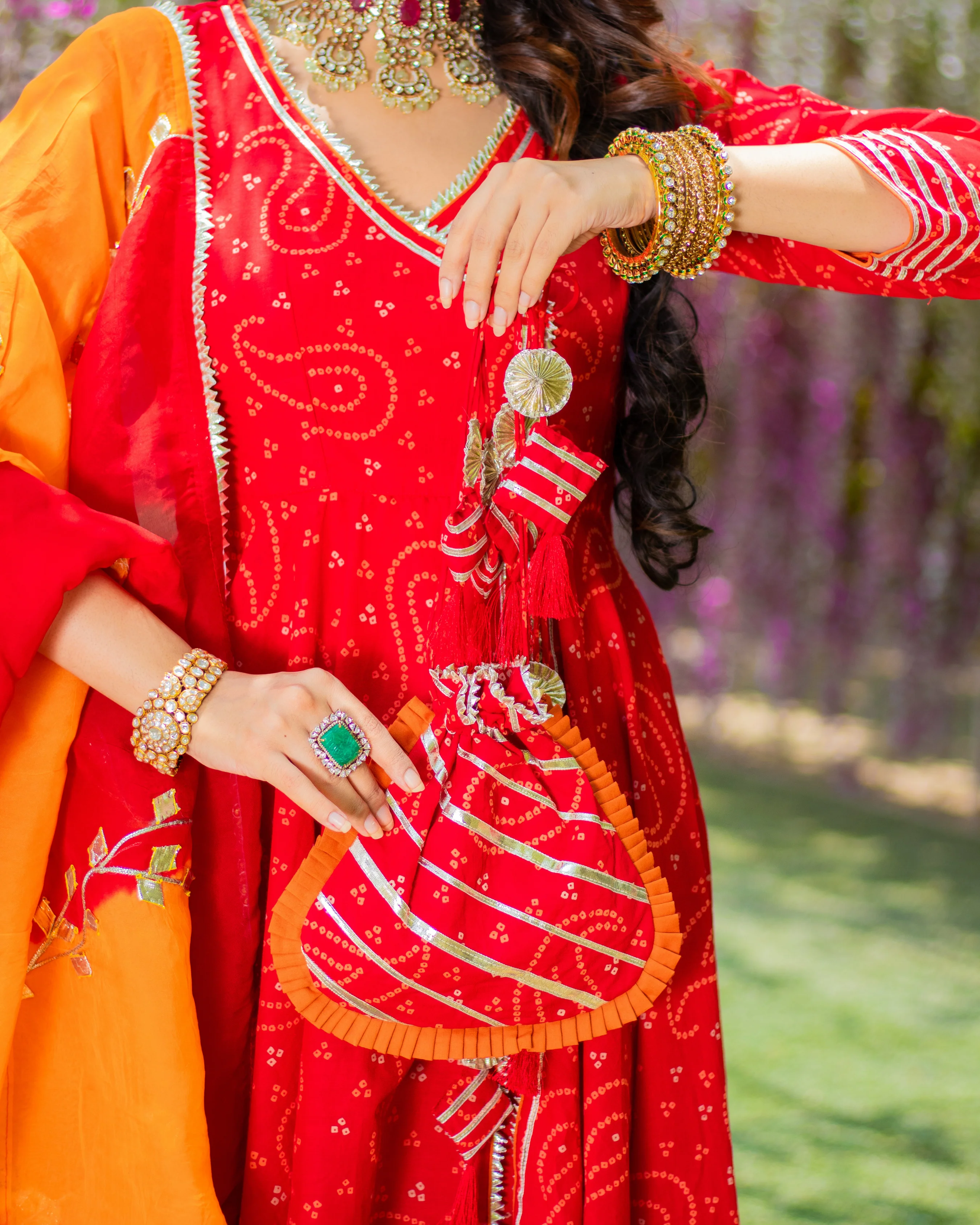 Red Amour Bandhej Gota Suit Set With Gota Potli - Image 7