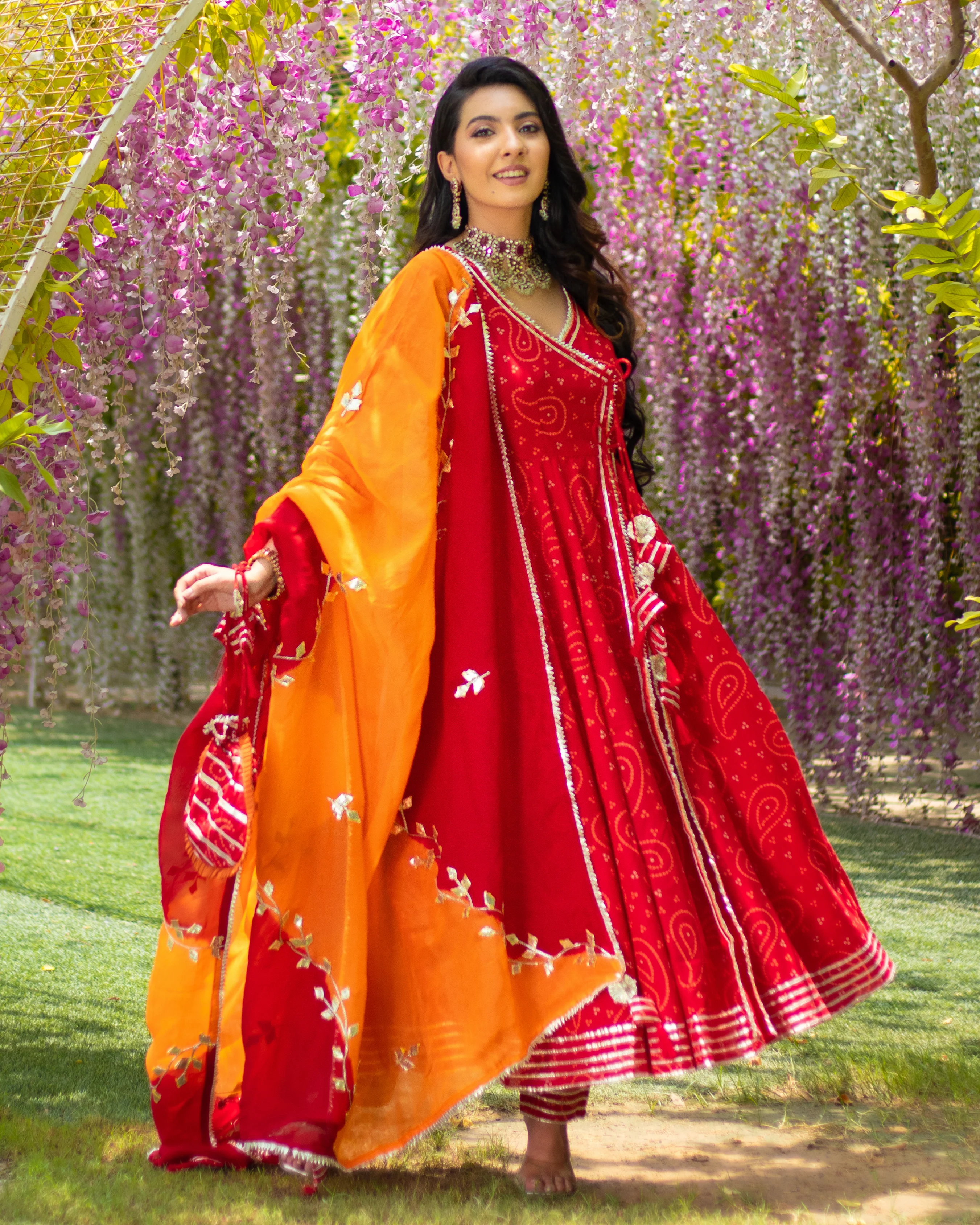 Red Amour Bandhej Gota Suit Set With Gota Potli - Image 9