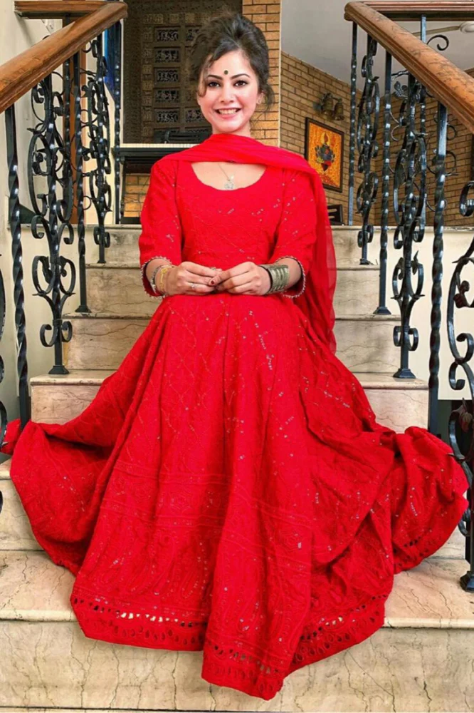 Red Chikankari Anarkali Set - Image 3