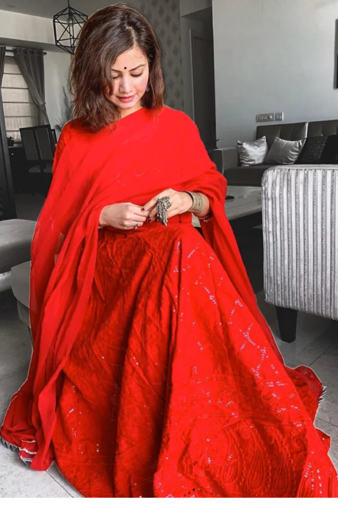 Red Chikankari Anarkali Set - Image 4