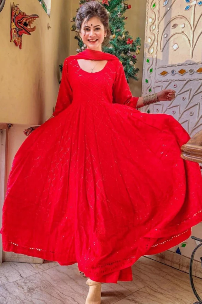 Red Chikankari Anarkali Set - Image 5