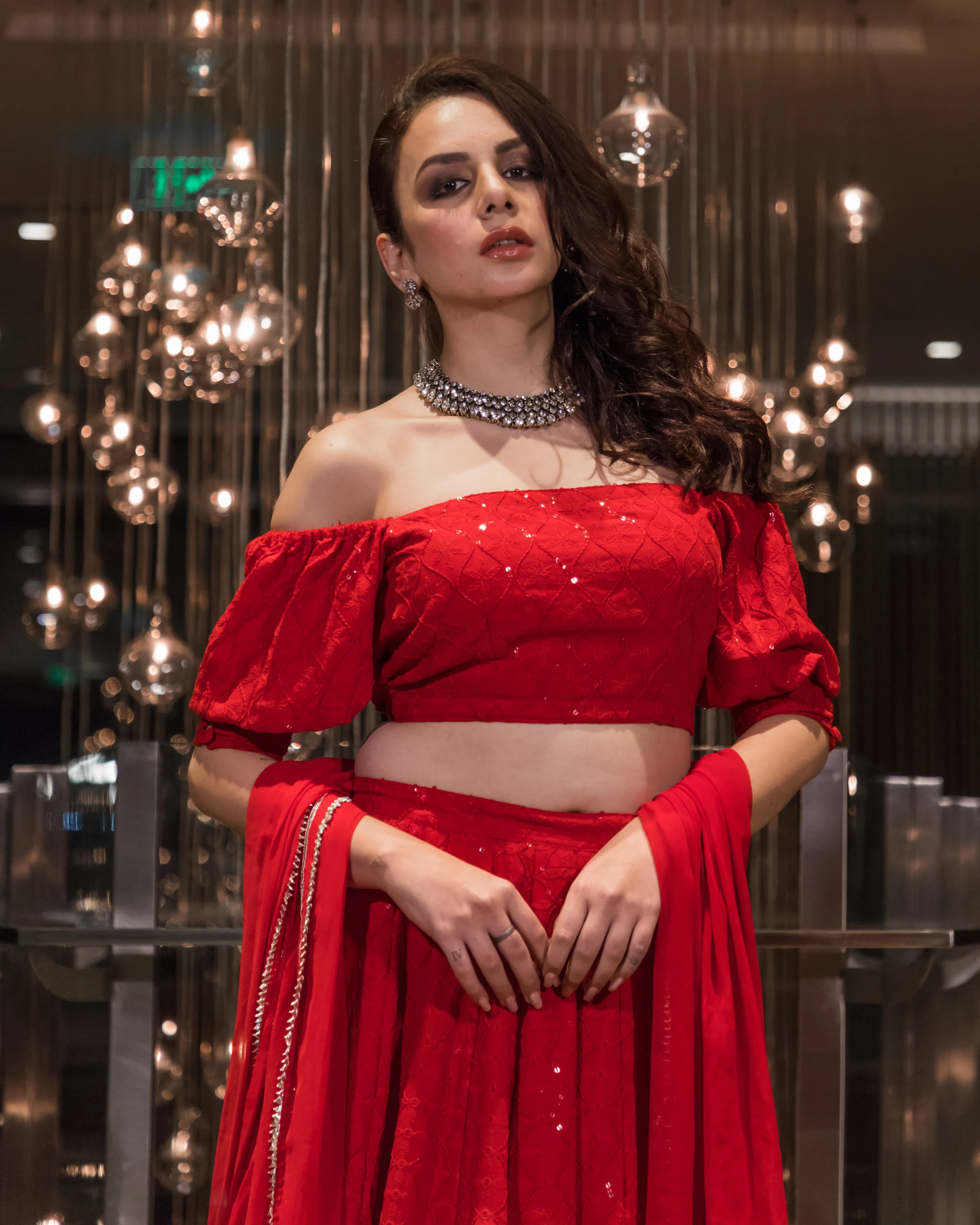 Red Chikankari Gotapatti Lehenga Set - Image 3