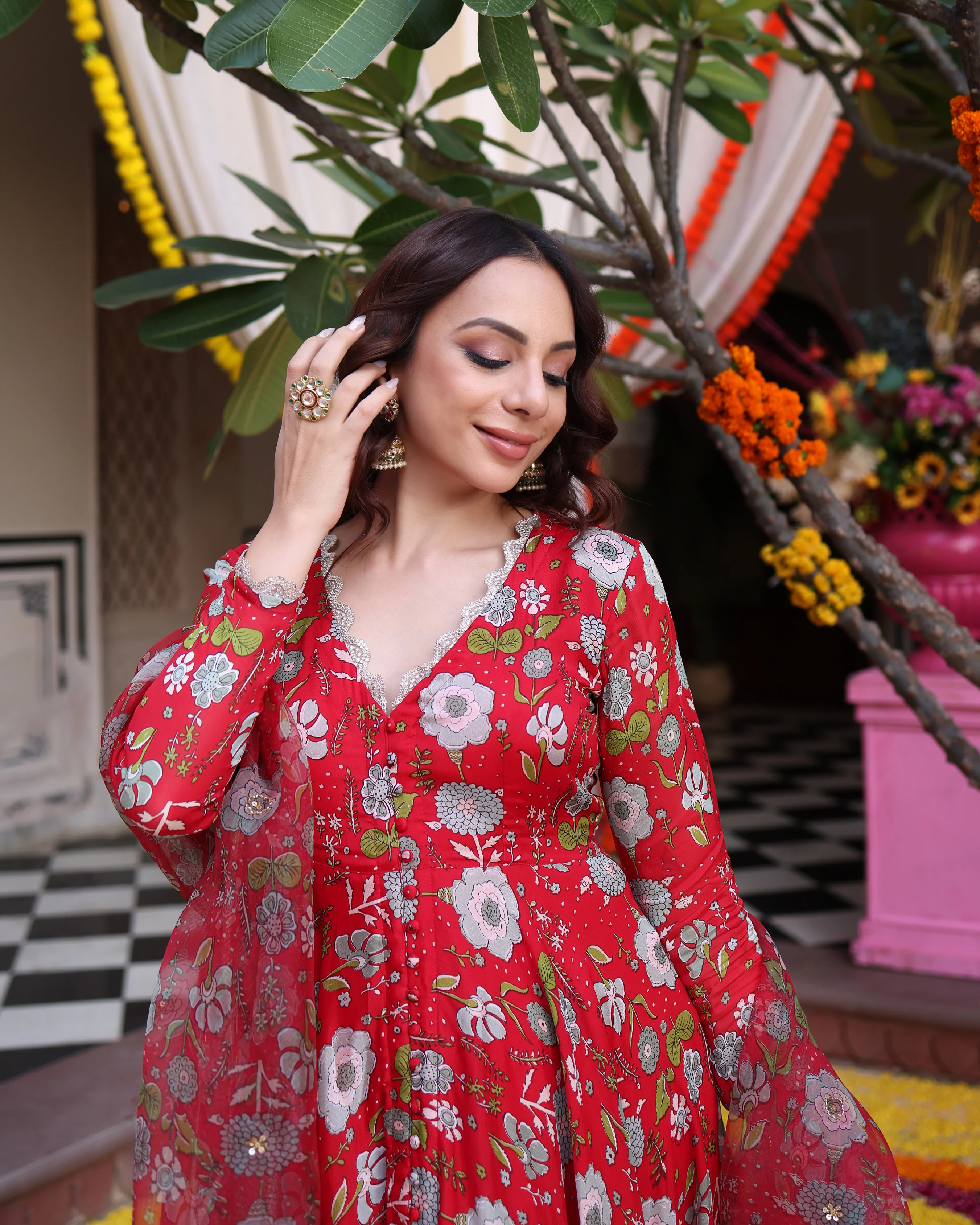 Red Dahlia Dreamscape Printed Chinon Suit Set - Image 6