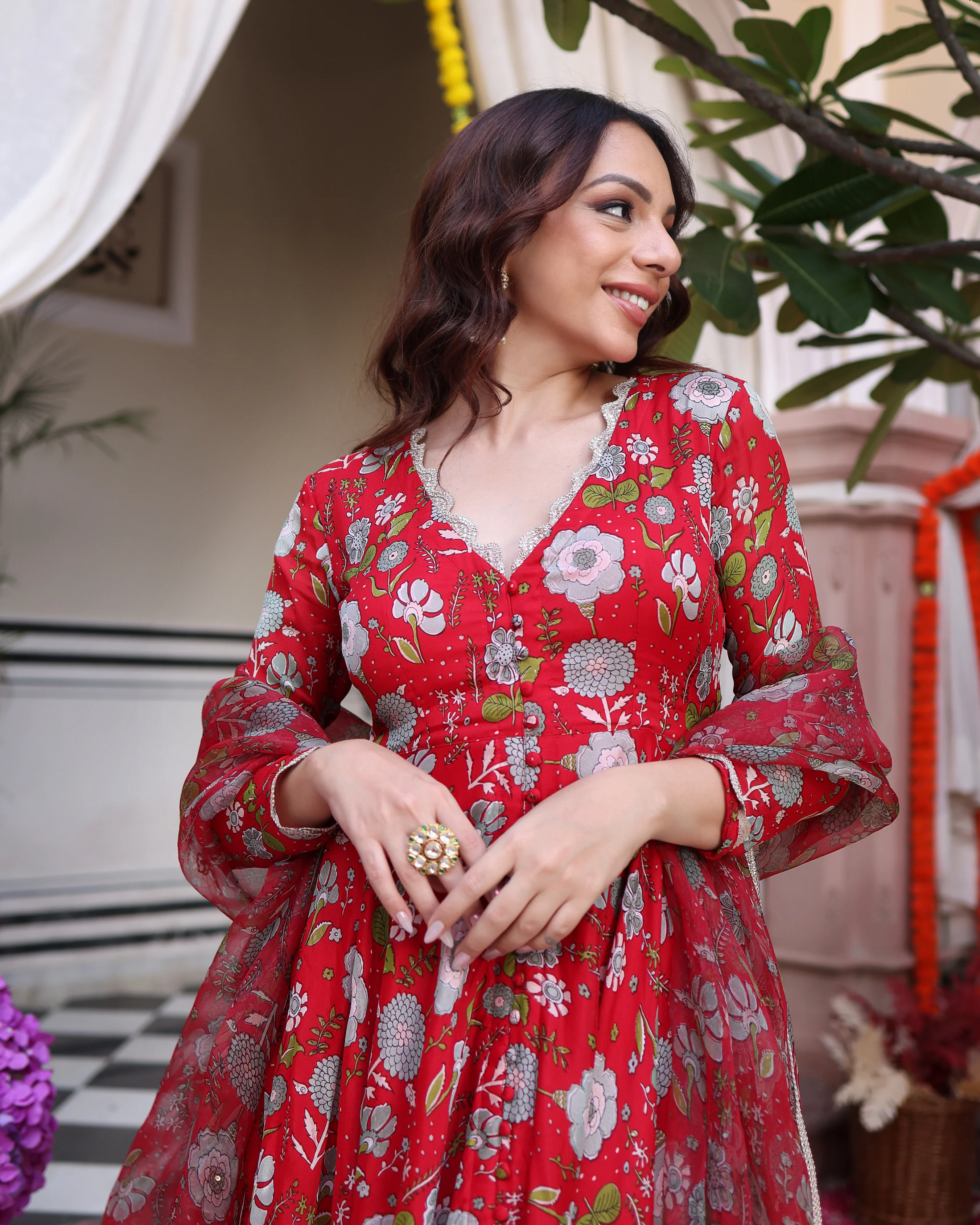 Red Dahlia Dreamscape Printed Chinon Suit Set - Image 8