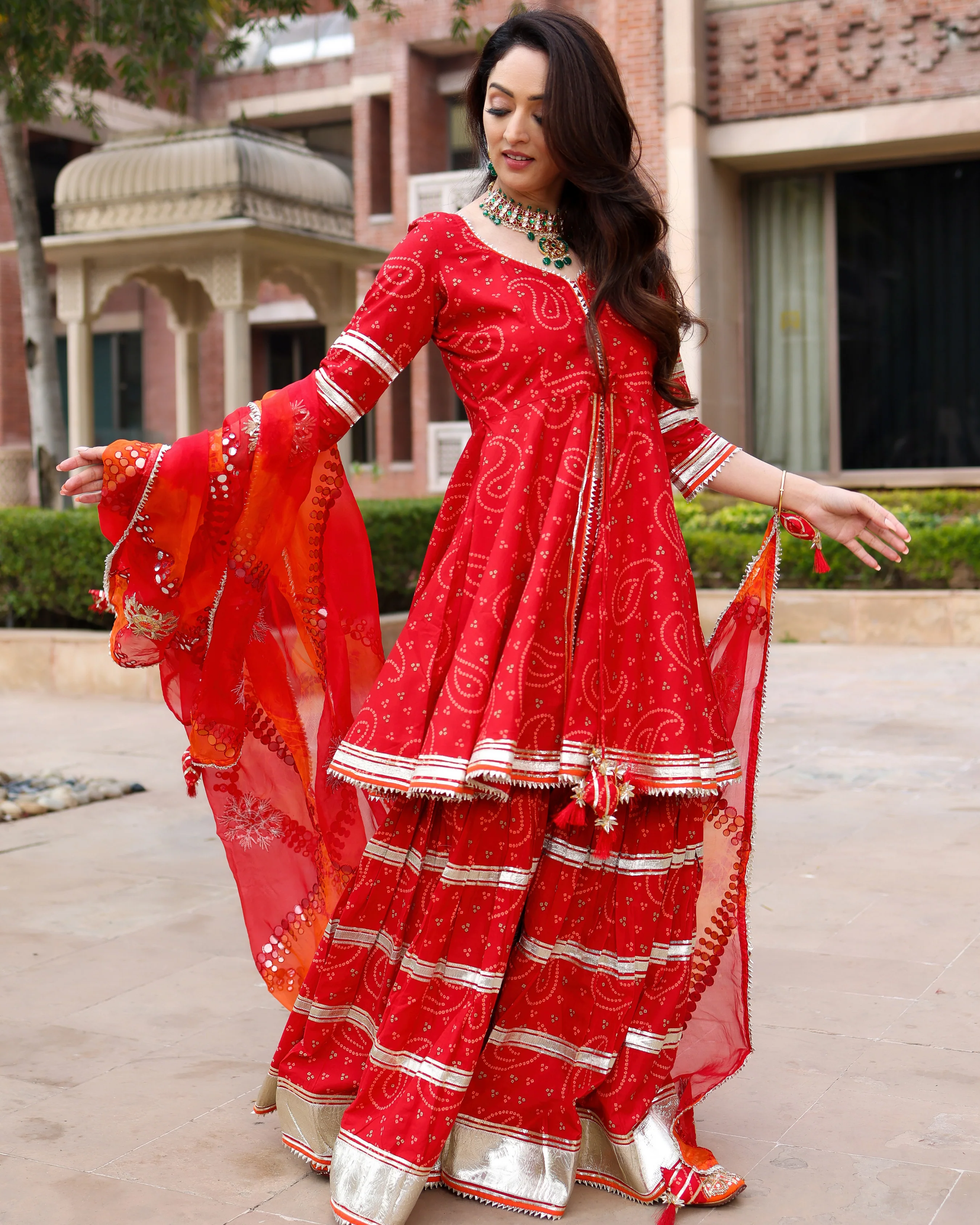 Red Hibiscus Gotapatti Sharara Set - Image 3