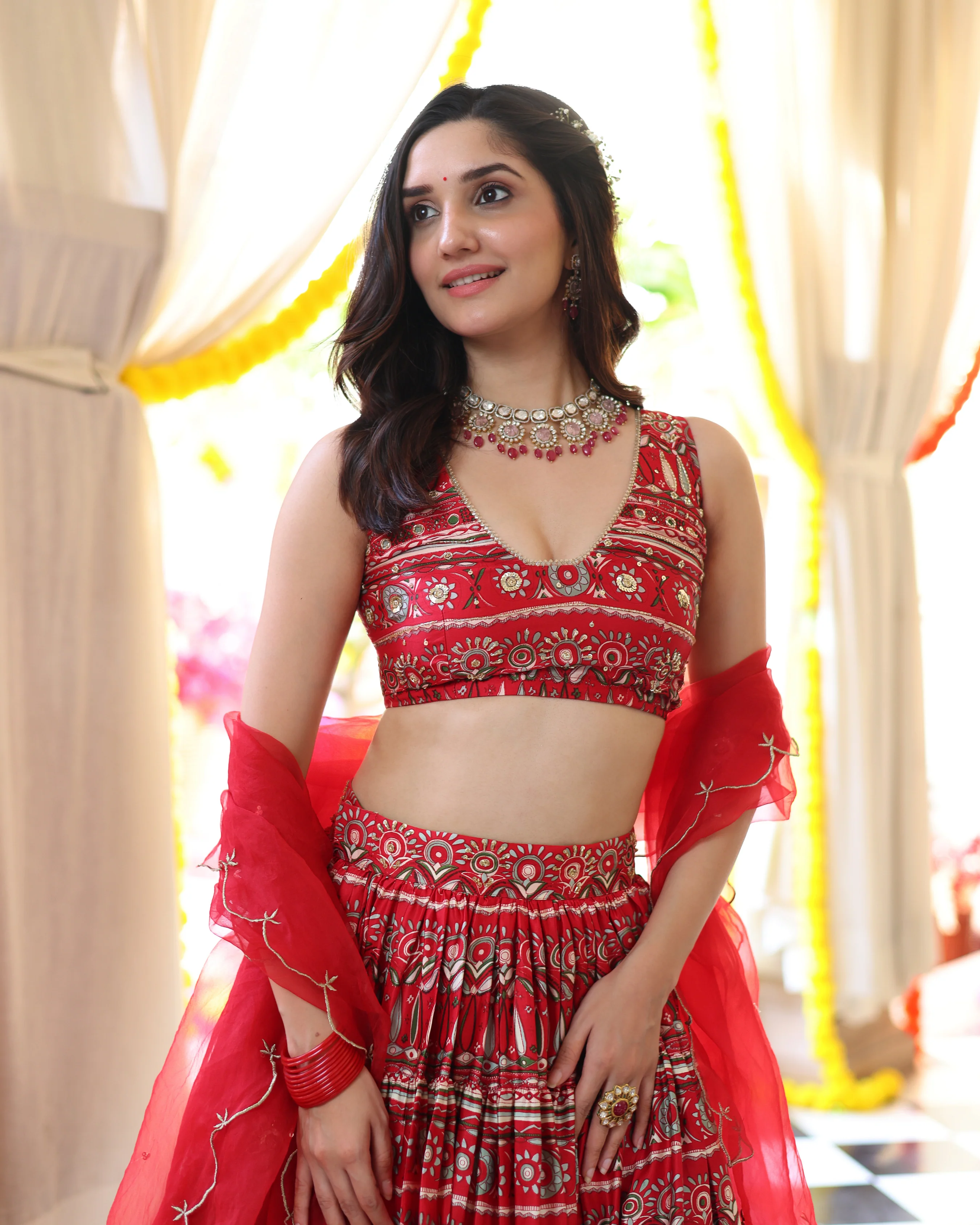 Red Hibiscus Haven Printed Satin Lehenga Set - Image 8
