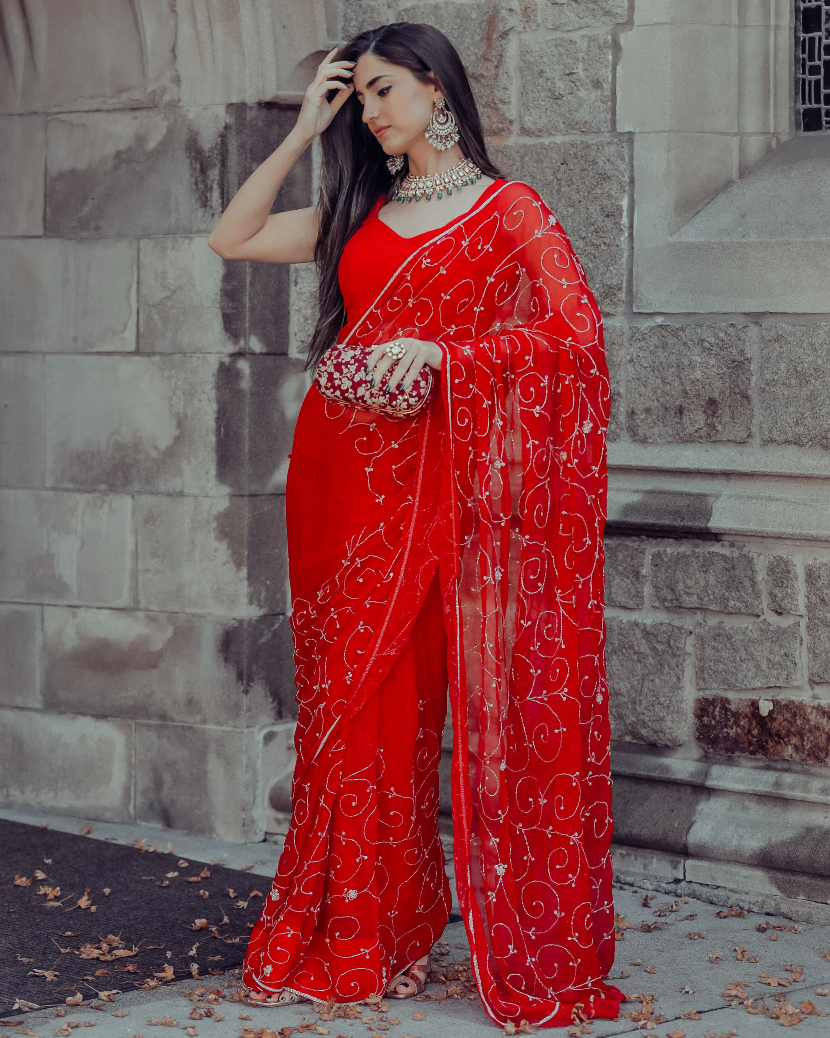 Red Joy Pure Chiffon Saree - Image 7