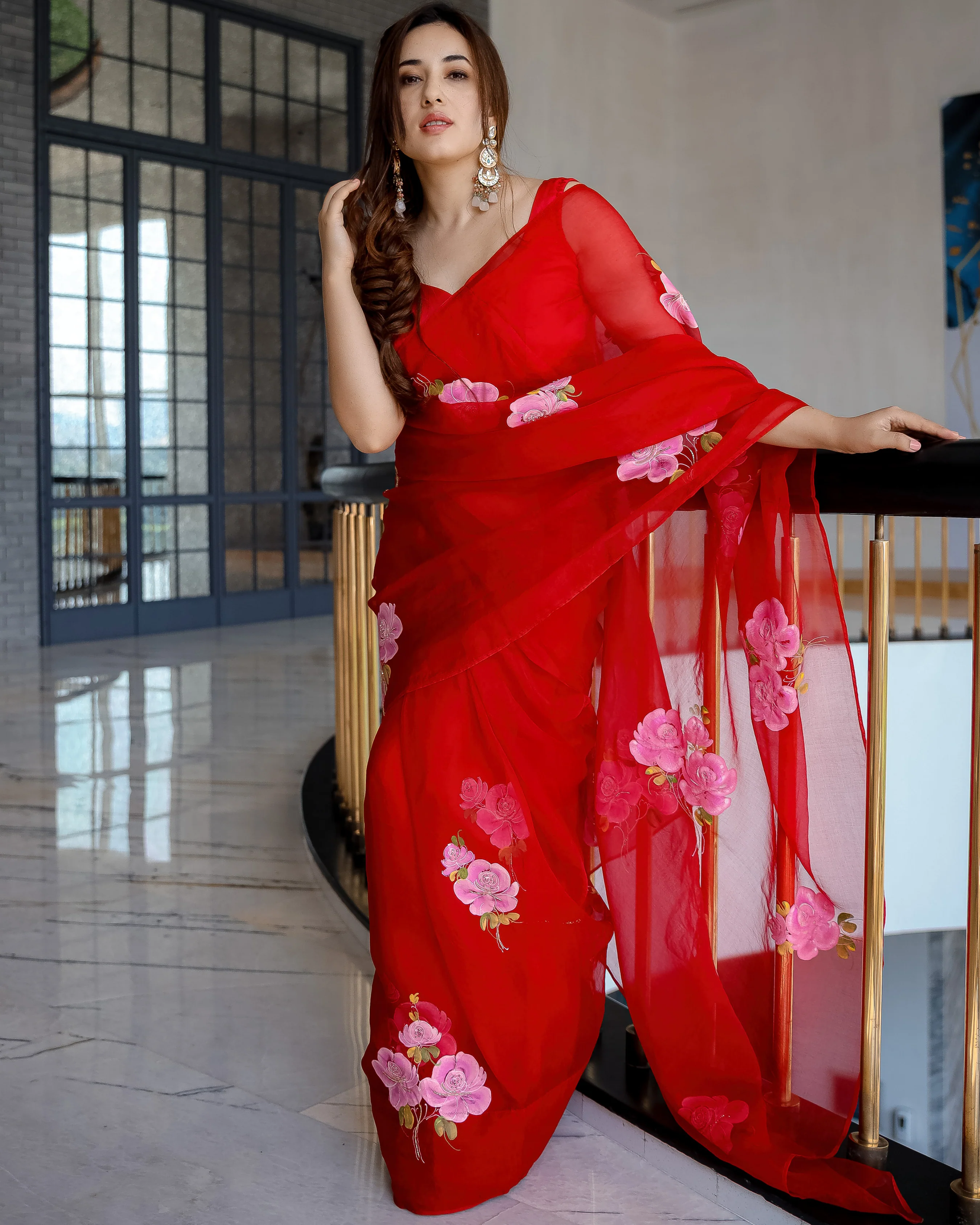 Red Old Love Embellished Handpainted Organza Silk Saree - Image 2