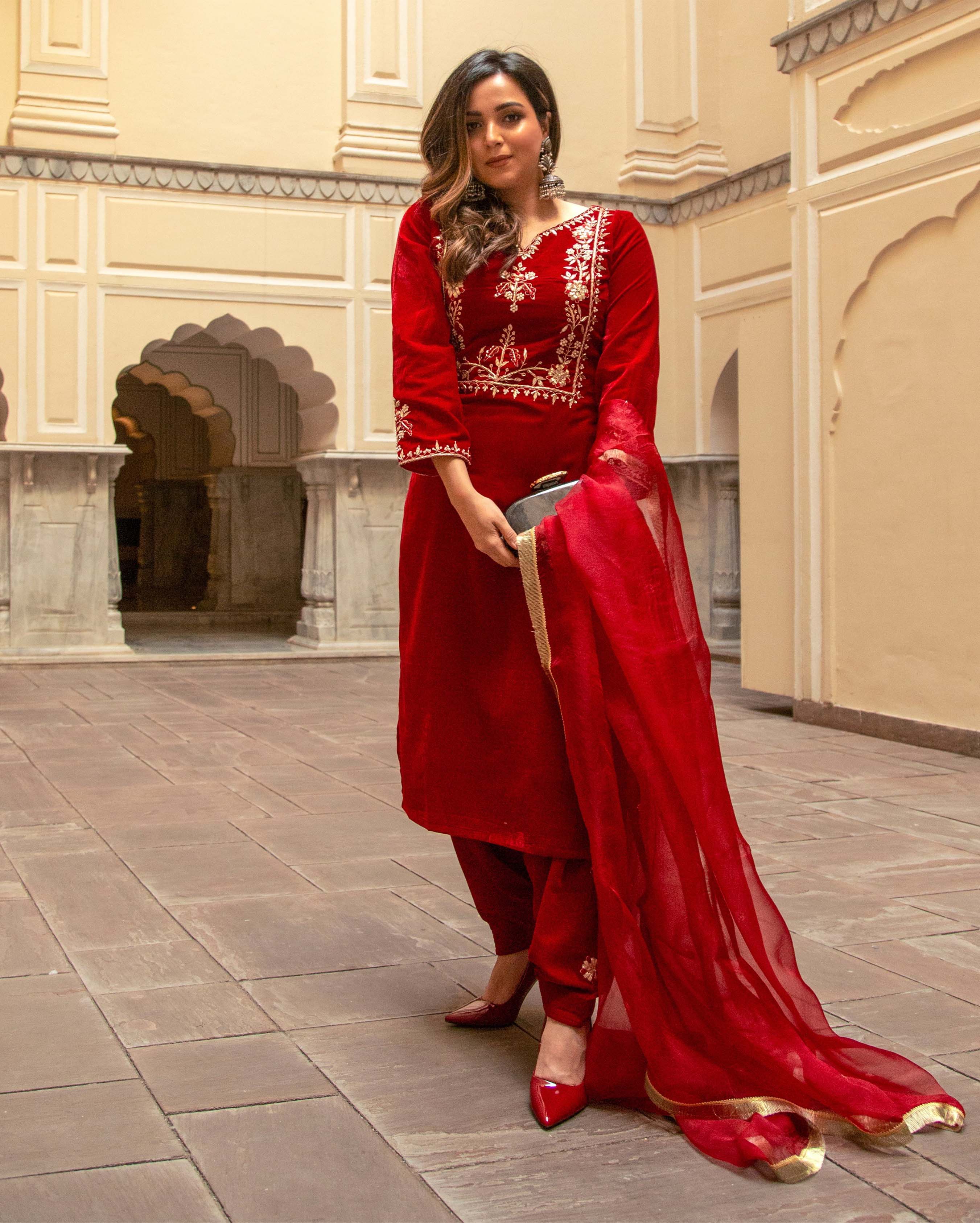 Red Rythm Velvet Handcrafted Suit Set - Image 4