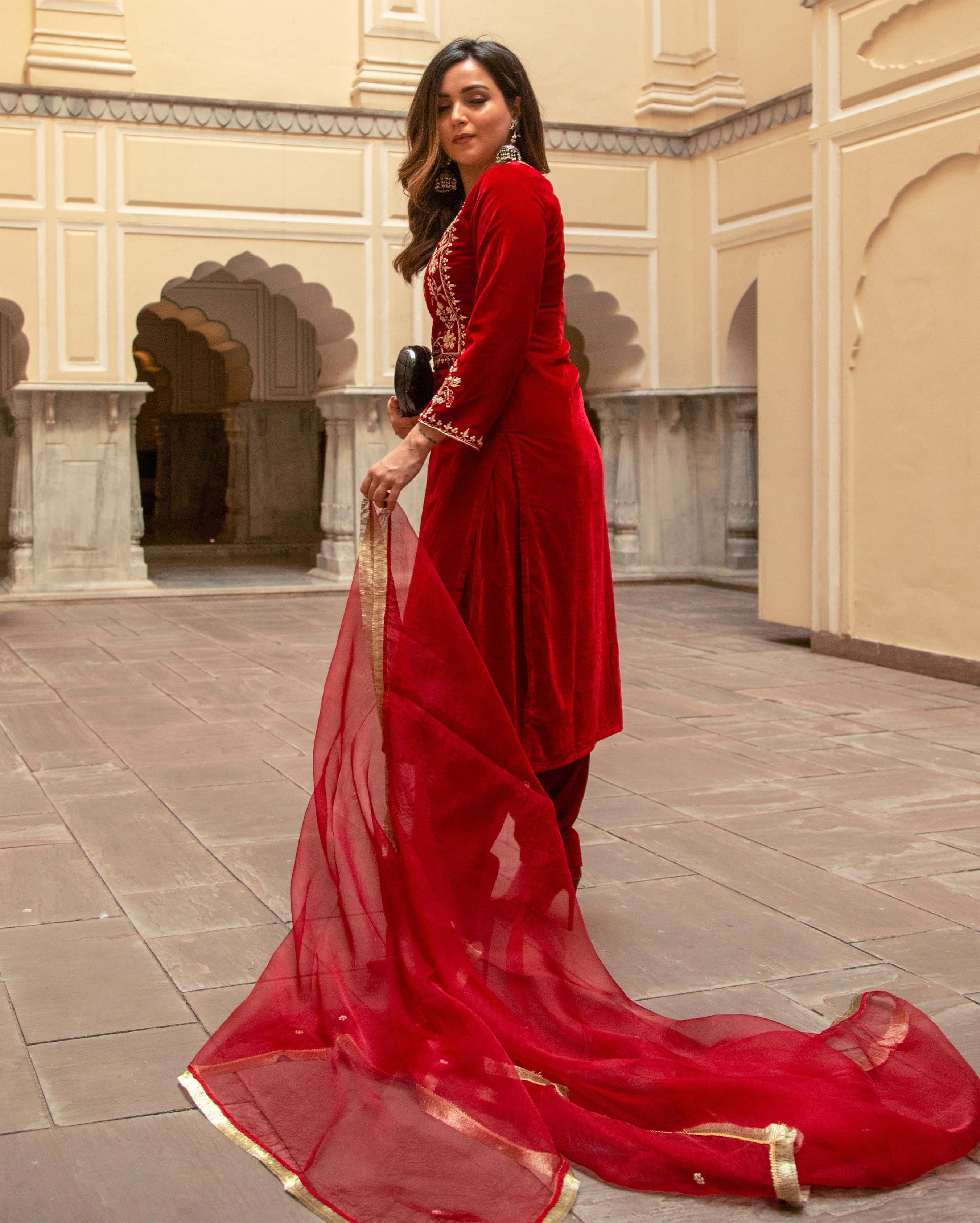 Red Rythm Velvet Handcrafted Suit Set - Image 5