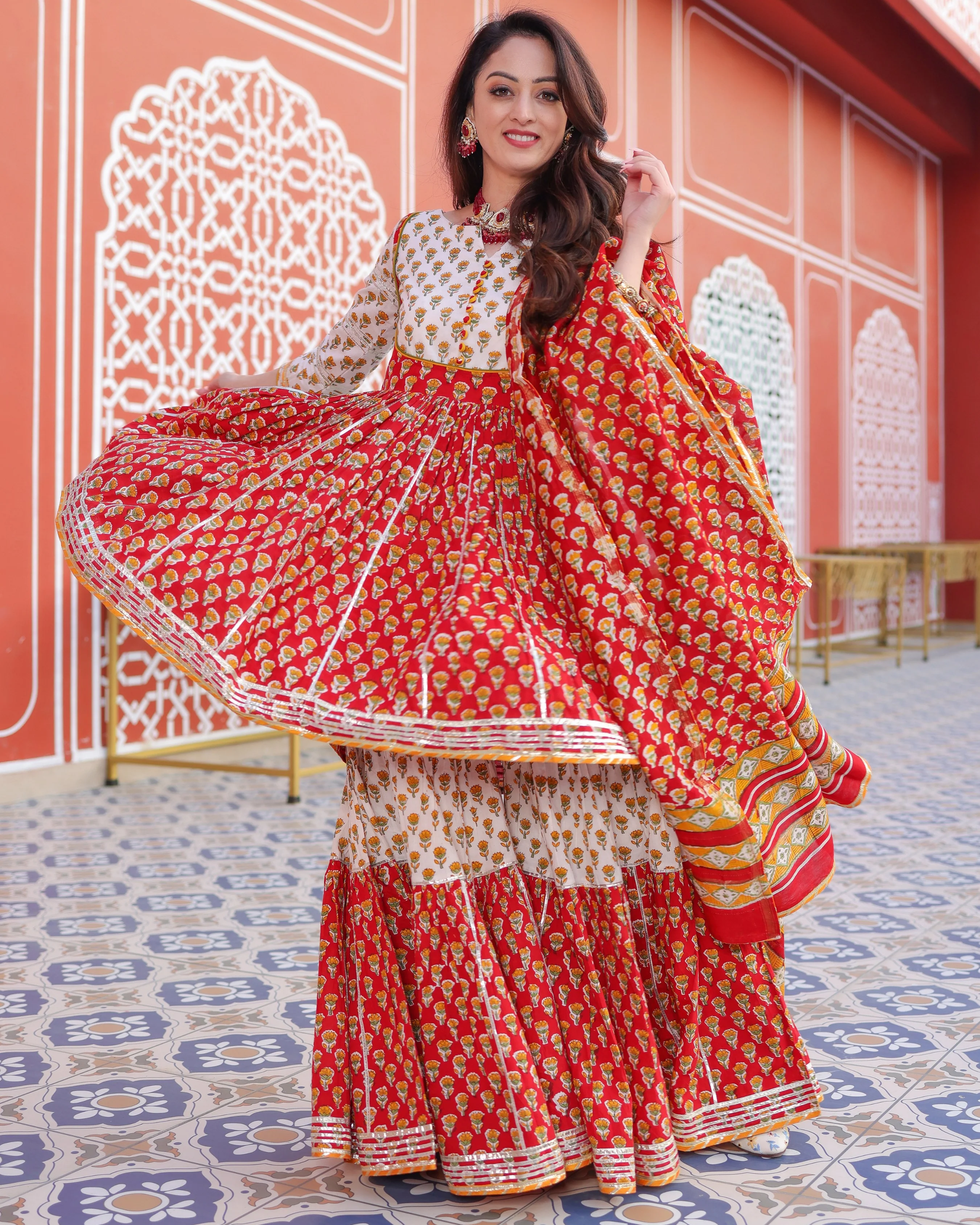 Red Salsa Handblock Sharara Set - Image 2