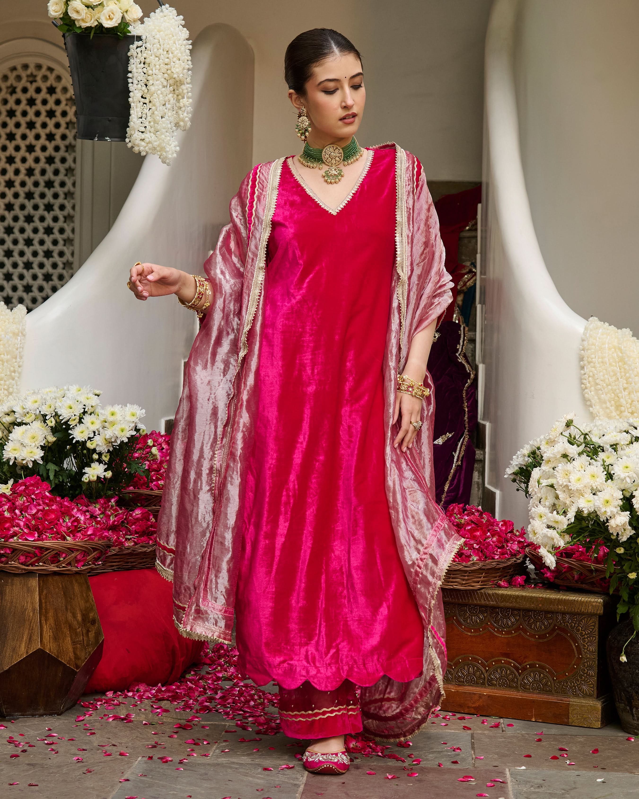 Rima Pink Solid Velvet Suit Set - Image 2