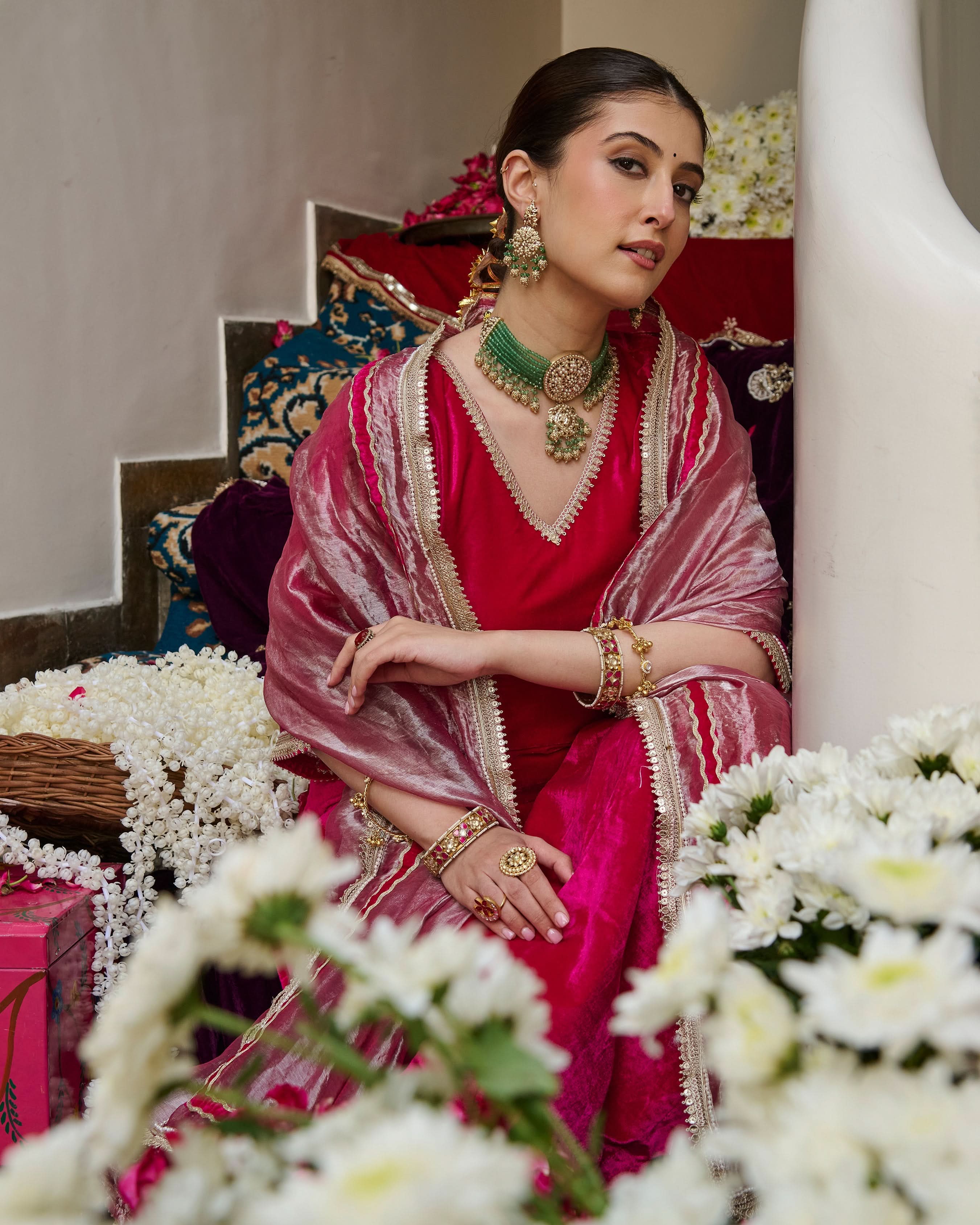 Rima Pink Solid Velvet Suit Set - Image 7