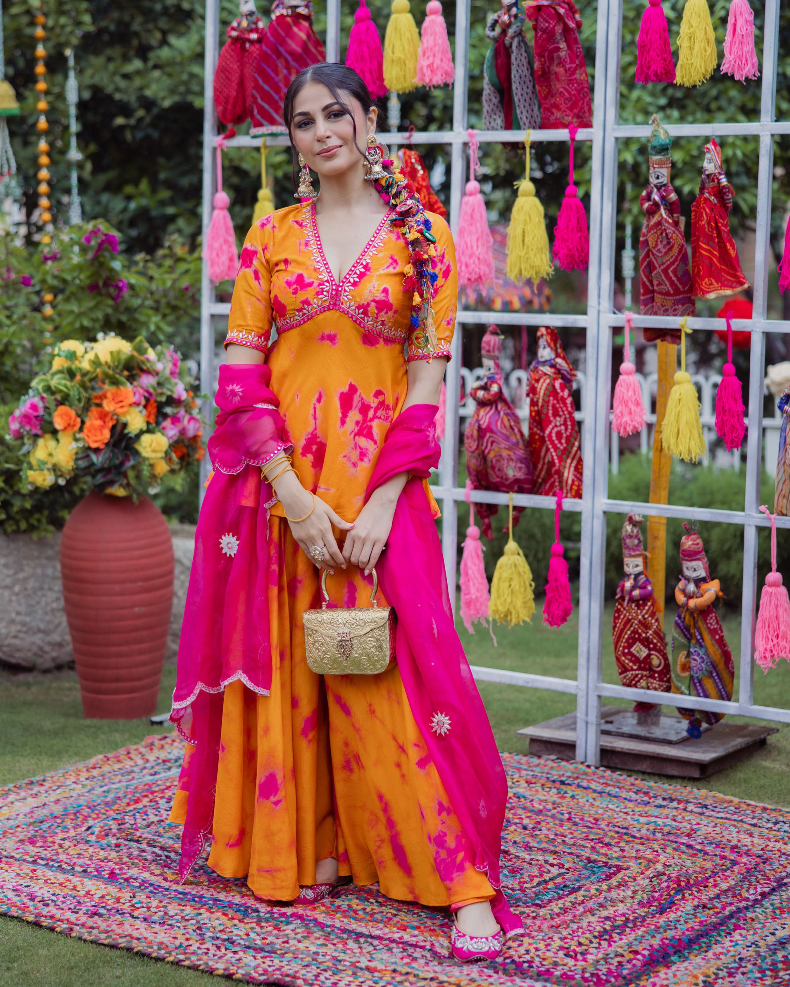 Ritu Orange Pink Tie Dye Muslin Sharara Set - Image 2