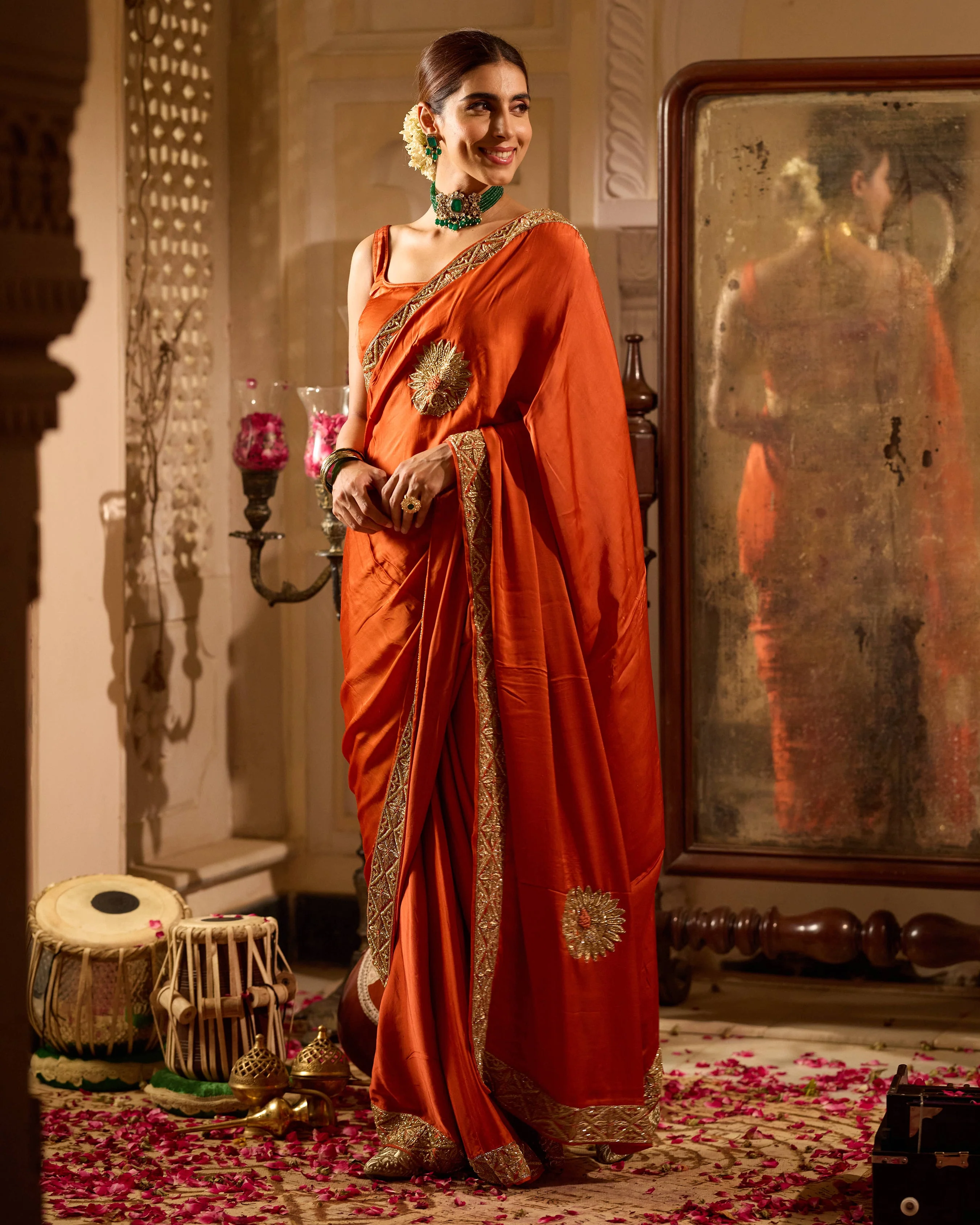Rooh Rust Orange Handcrafted Satin Saree - Image 2
