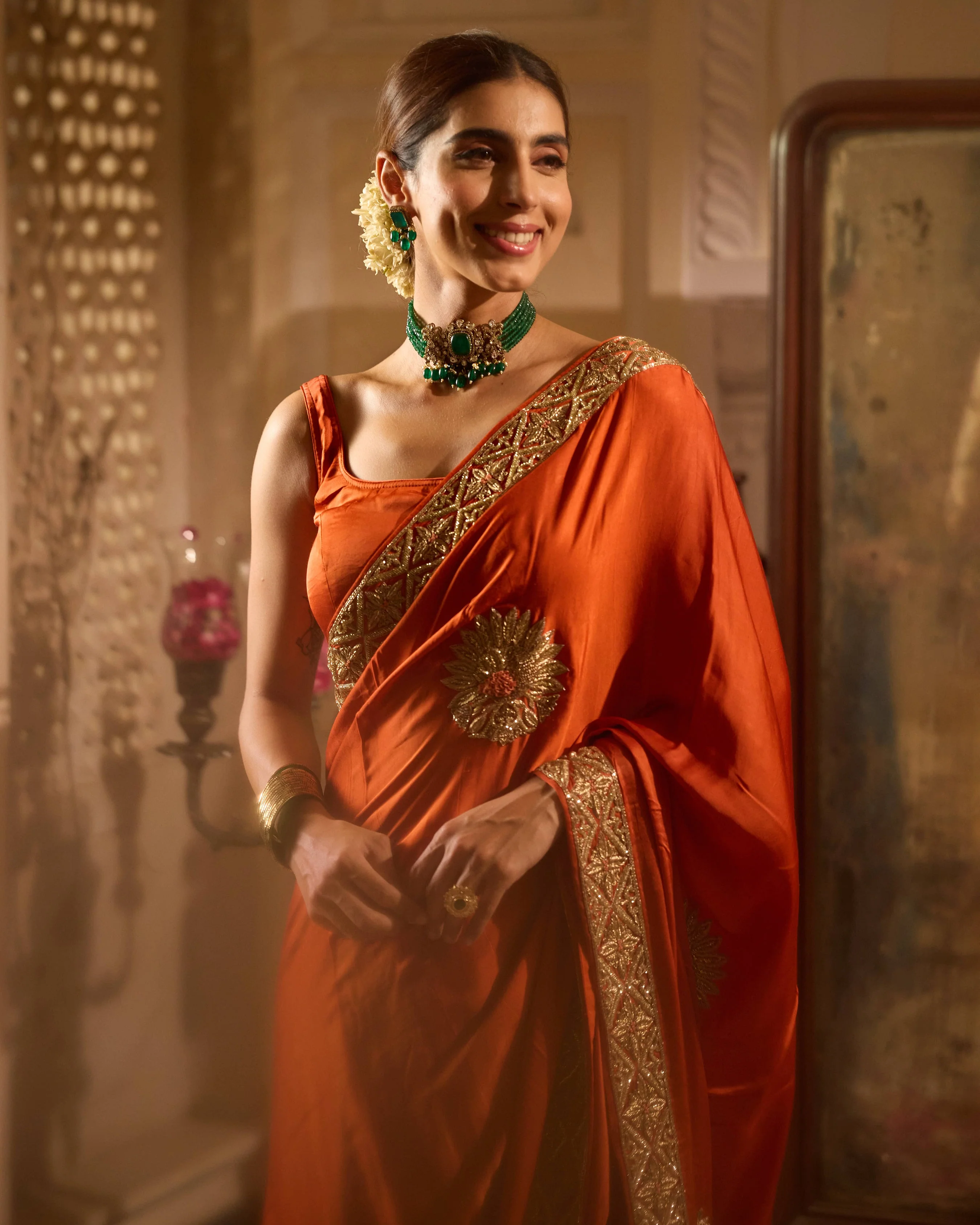 Rooh Rust Orange Handcrafted Satin Saree - Image 4