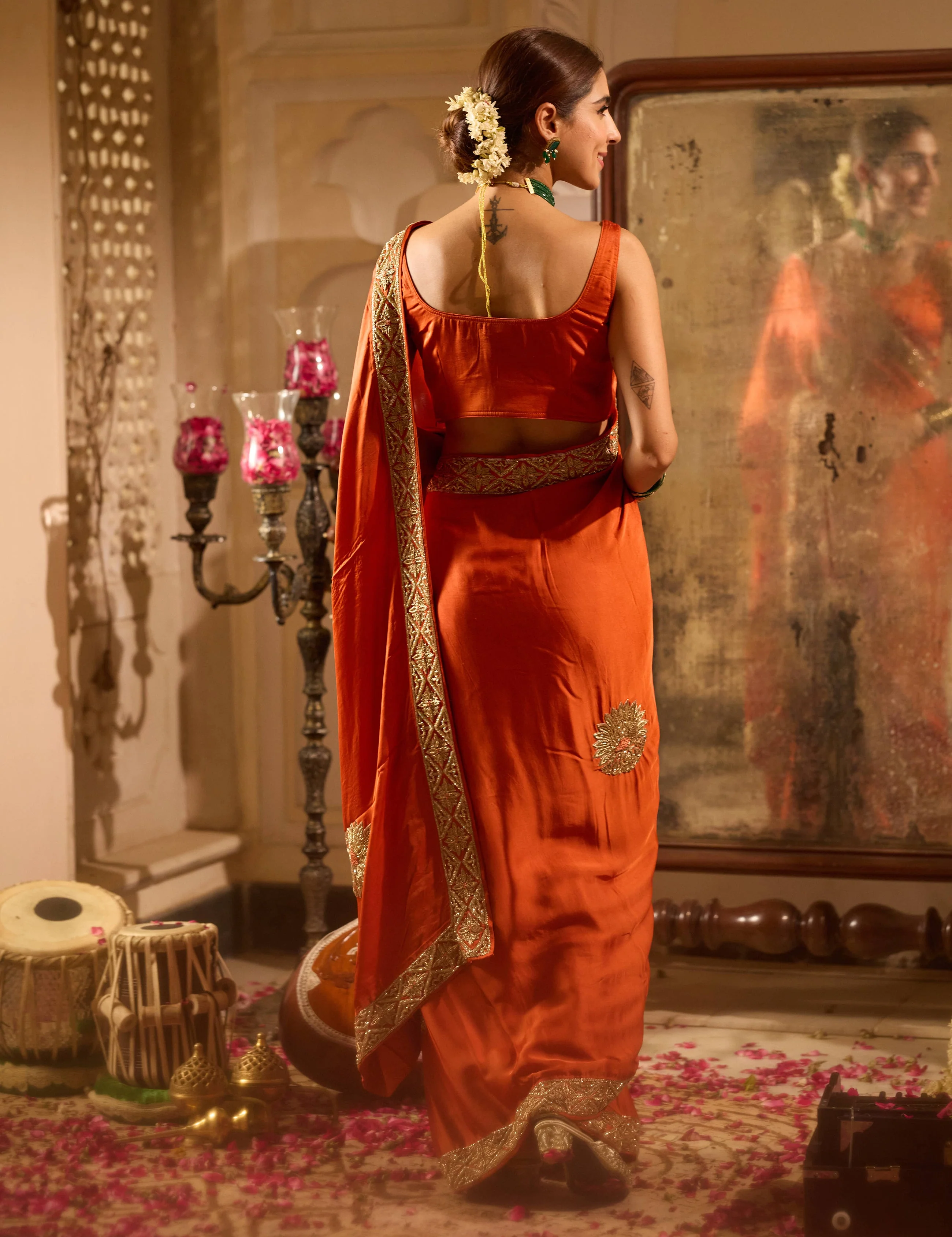 Rooh Rust Orange Handcrafted Satin Saree - Image 5