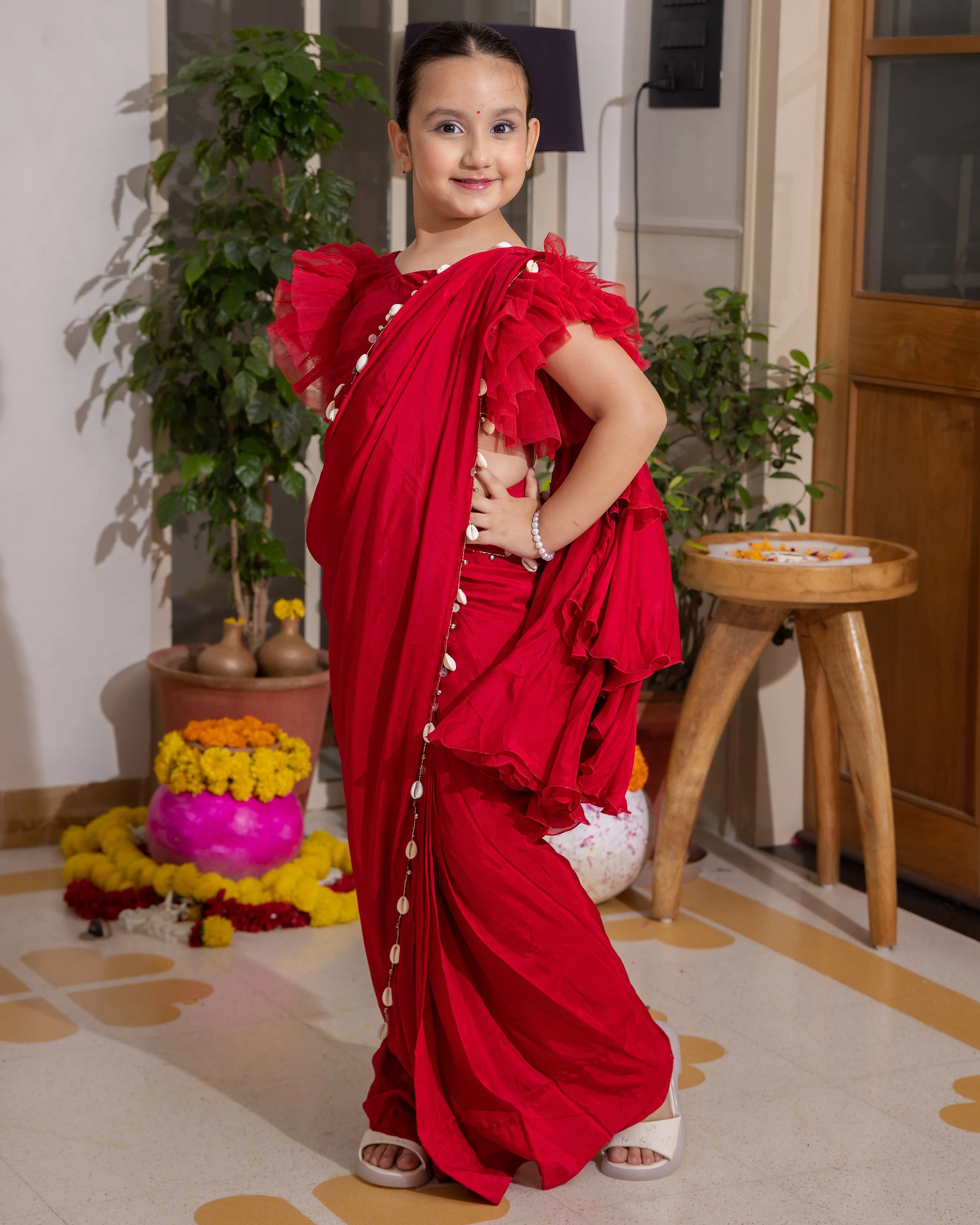 Roop Red Solid Crepe Pre Draped Saree - Image 2