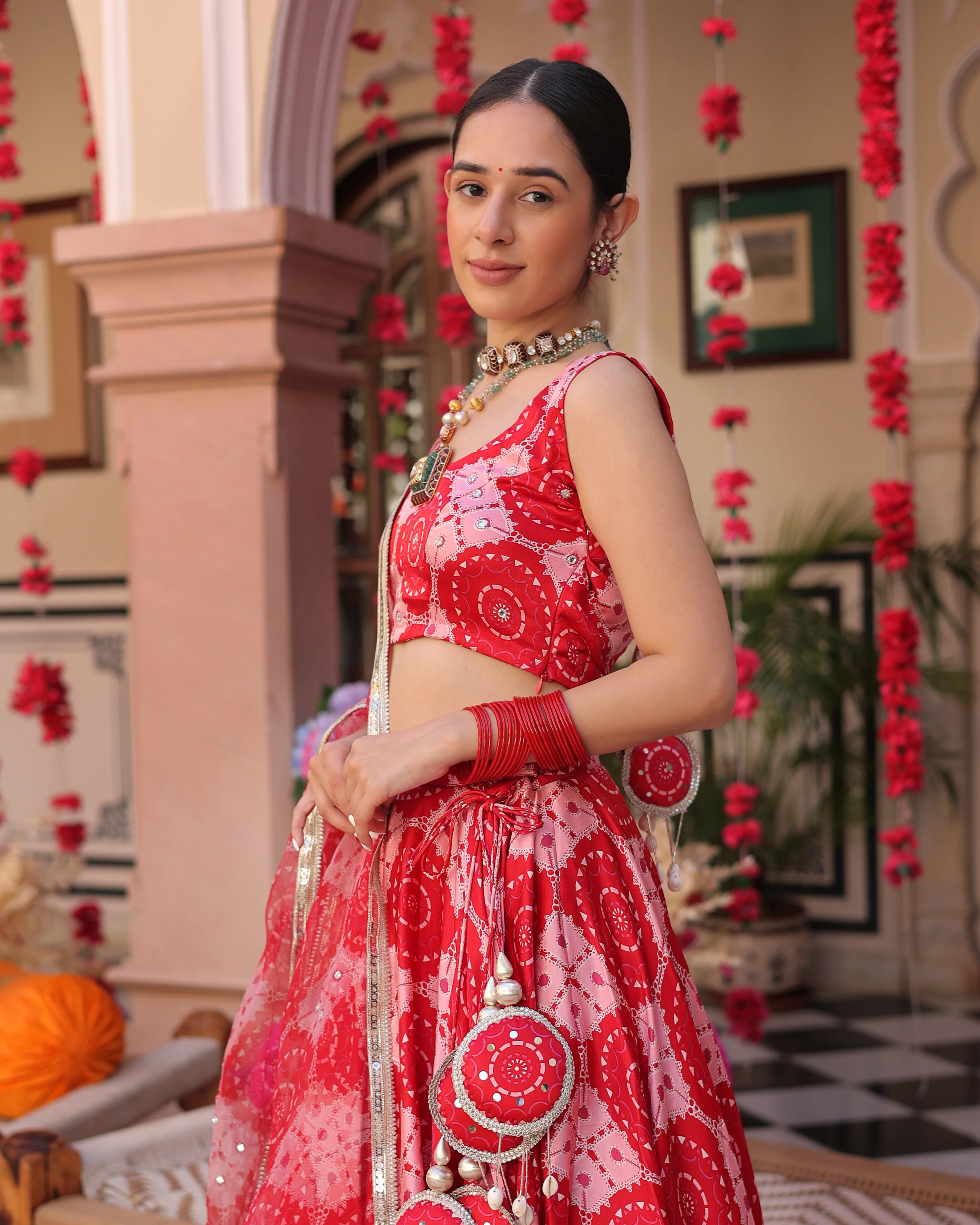 Ruby And Cream Rhapsody Printed Satin Lehenga Set - Image 10