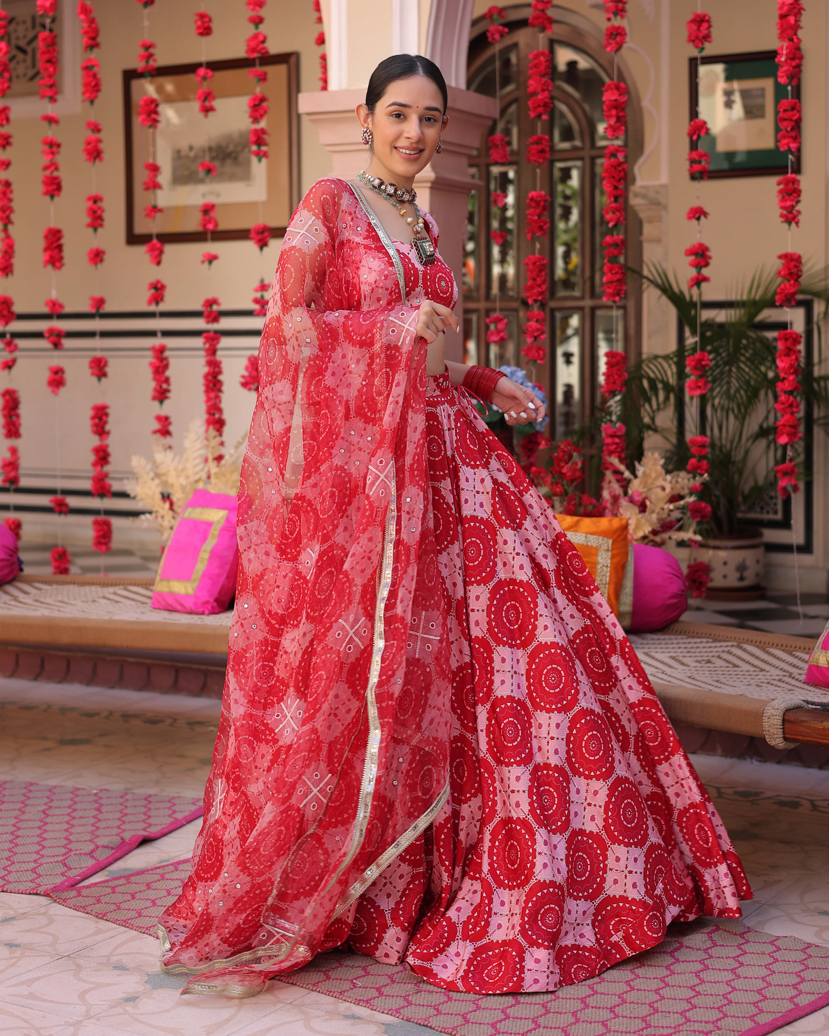 Ruby And Cream Rhapsody Printed Satin Lehenga Set - Image 6