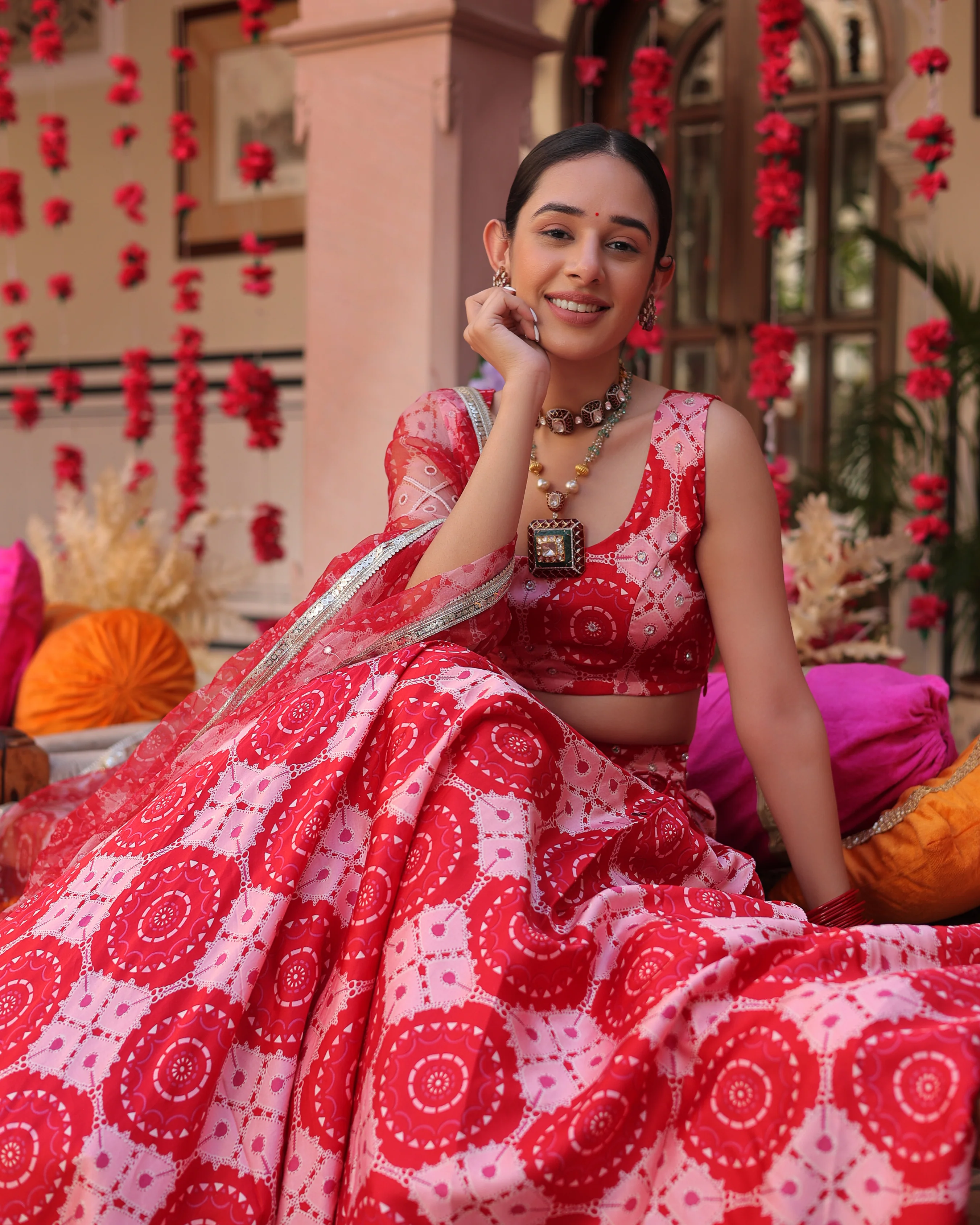 Ruby And Cream Rhapsody Printed Satin Lehenga Set - Image 8
