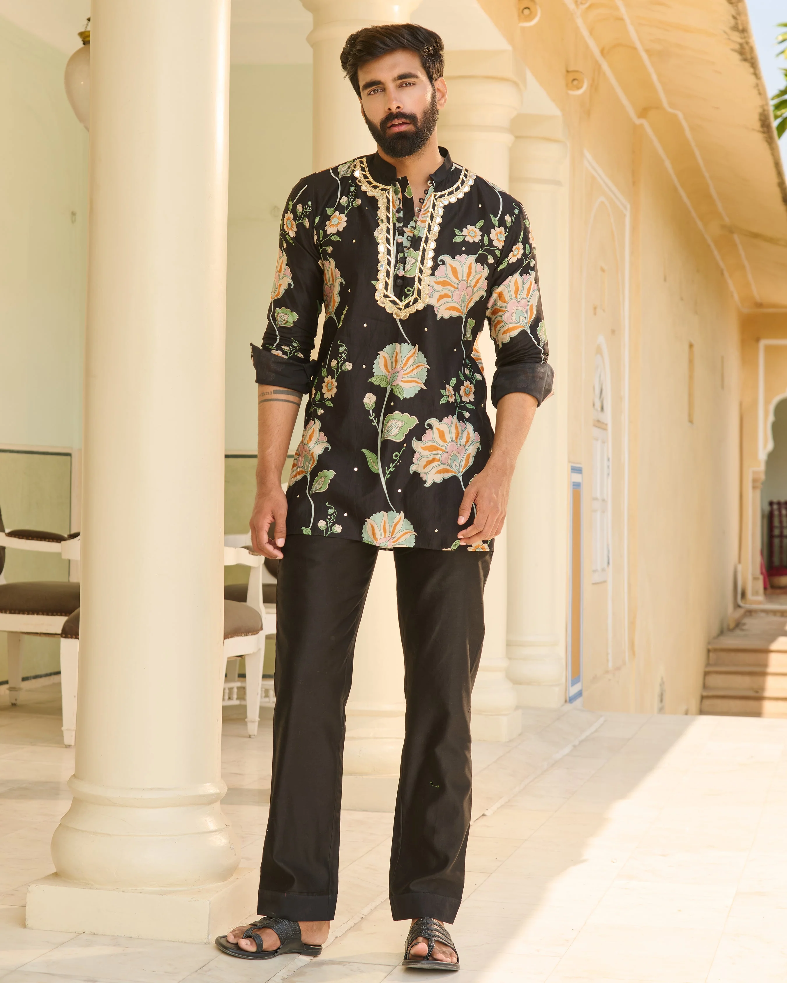 Rudra Black Printed Chanderi Kurta - Image 5