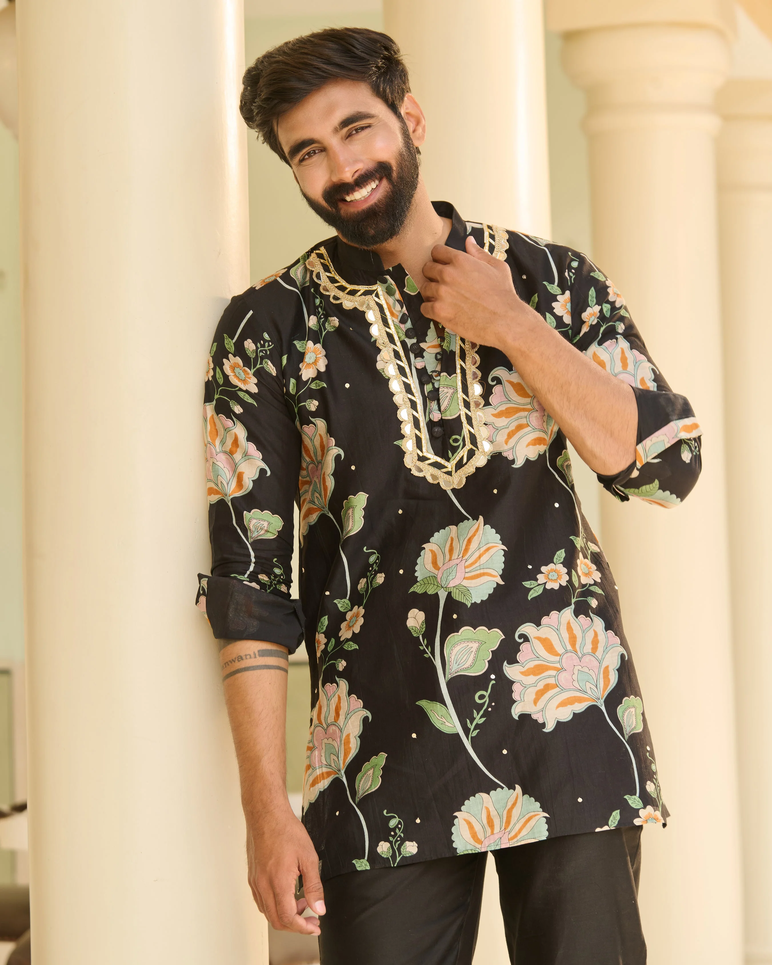 Rudra Black Printed Chanderi Kurta - Image 6