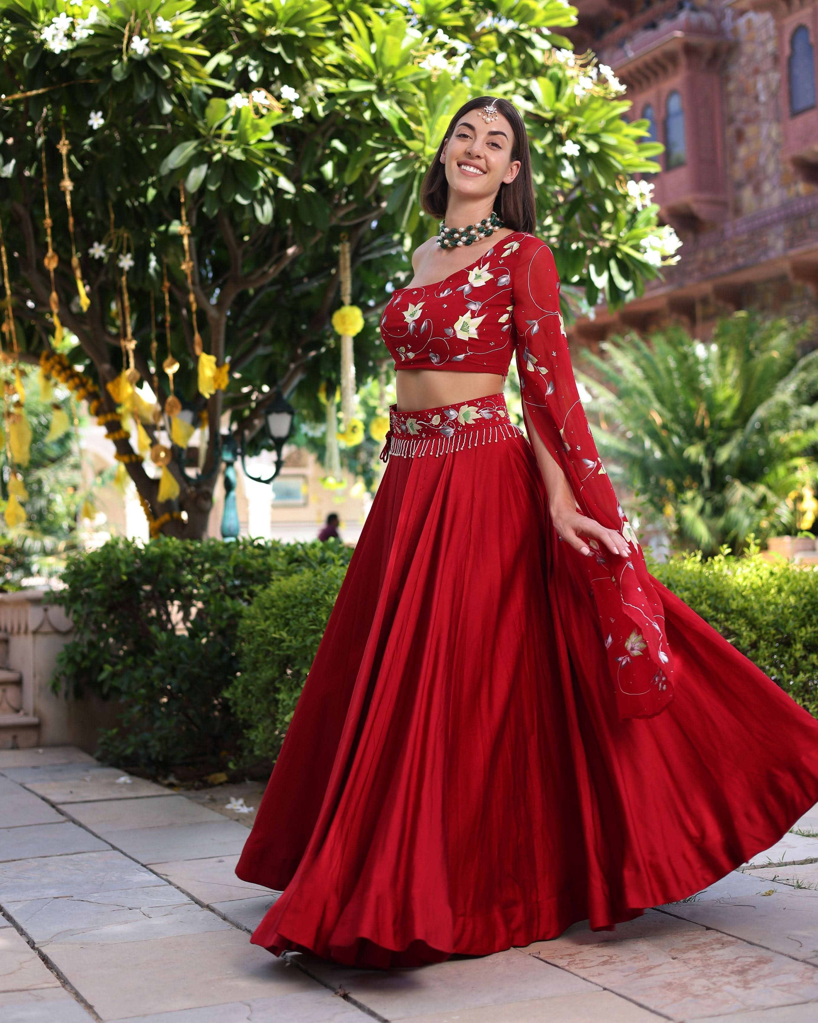 Rutvi Red Handpainted Satin Lehenga Set - Image 6