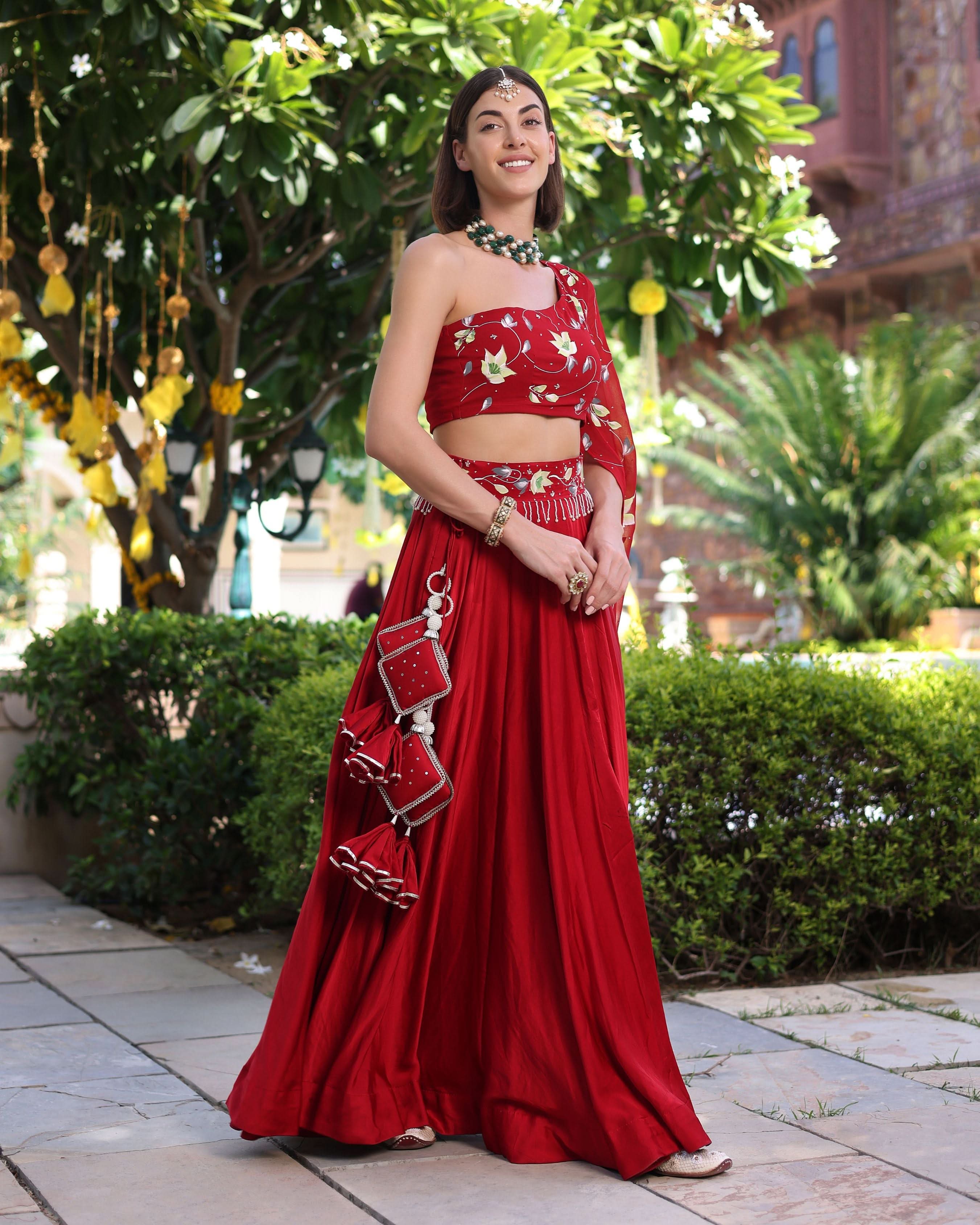 Rutvi Red Handpainted Satin Lehenga Set - Image 8