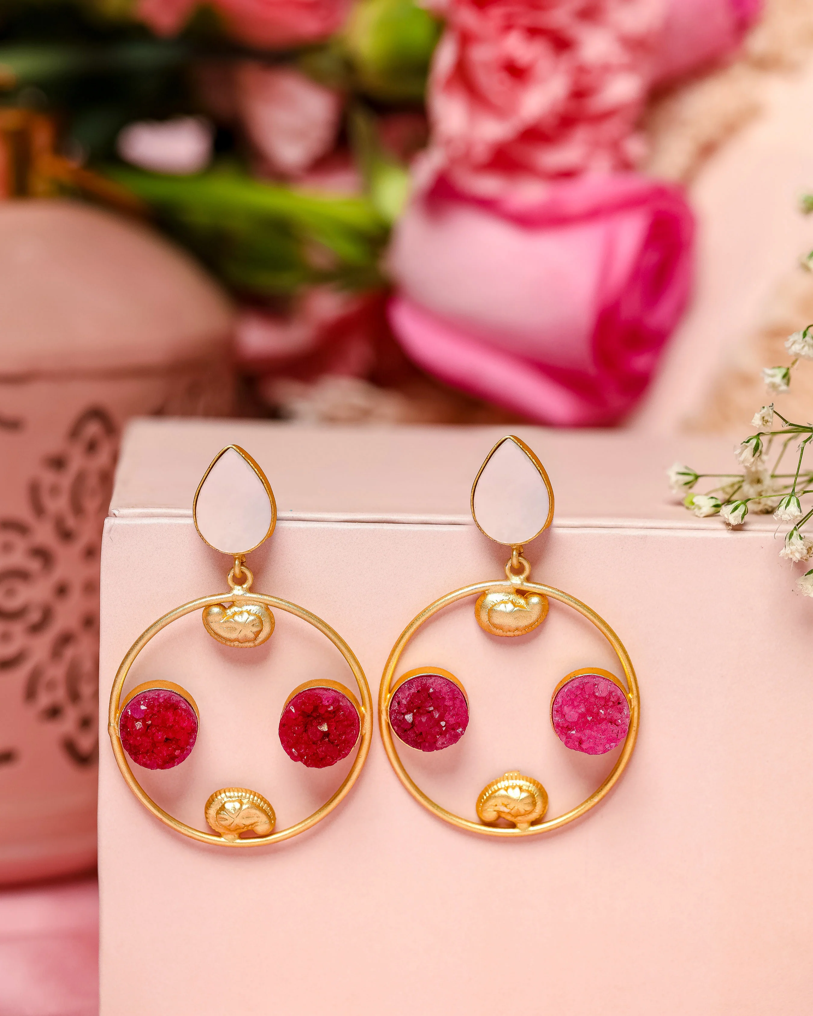 Salmon Pink Handcrafted Brass Earrings - Image 2