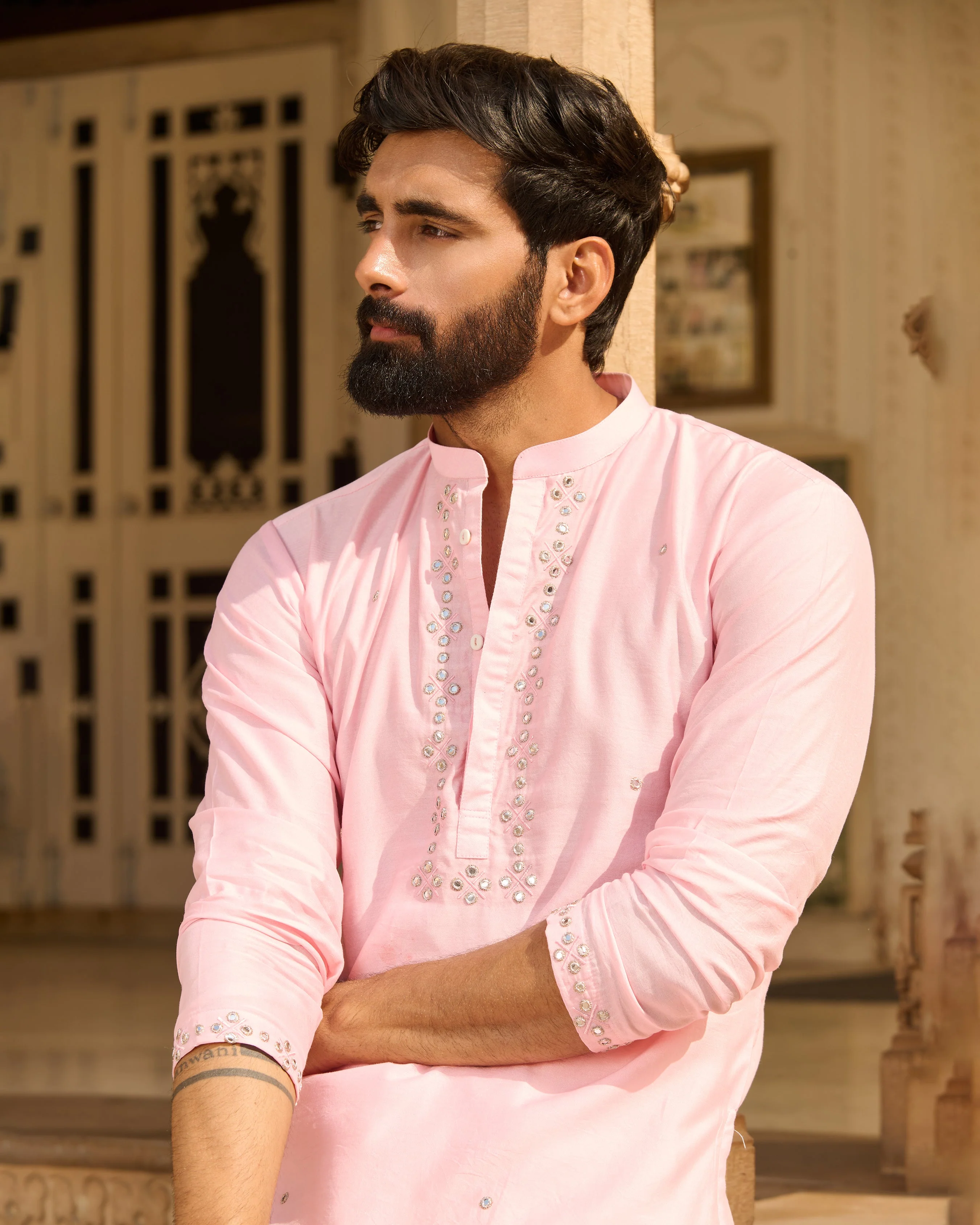 Samar Pink Embroidered Chanderi Solid Kurta - Image 6