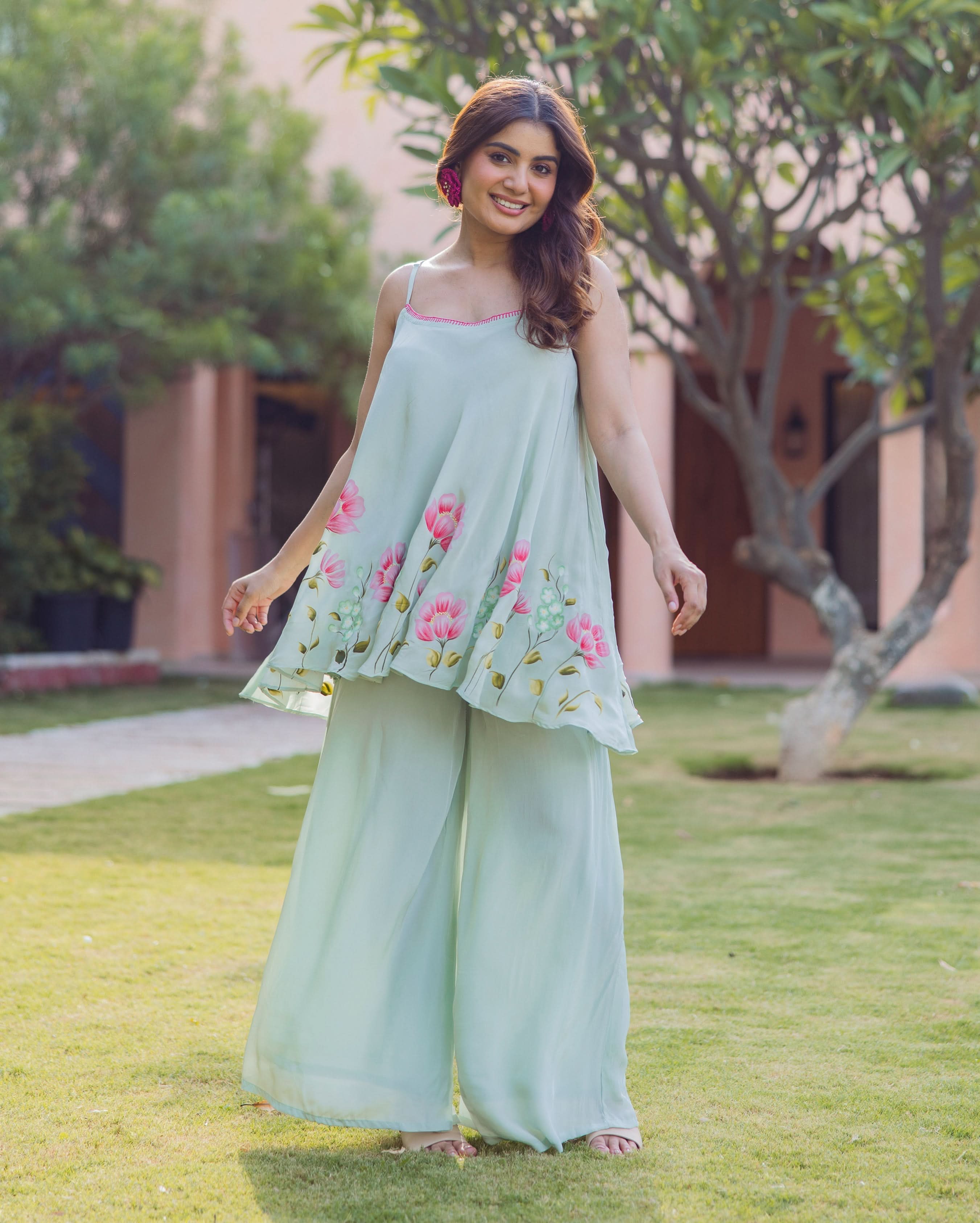 Sanskriti Sage Green Handpainted Crepe Coord Set - Image 3