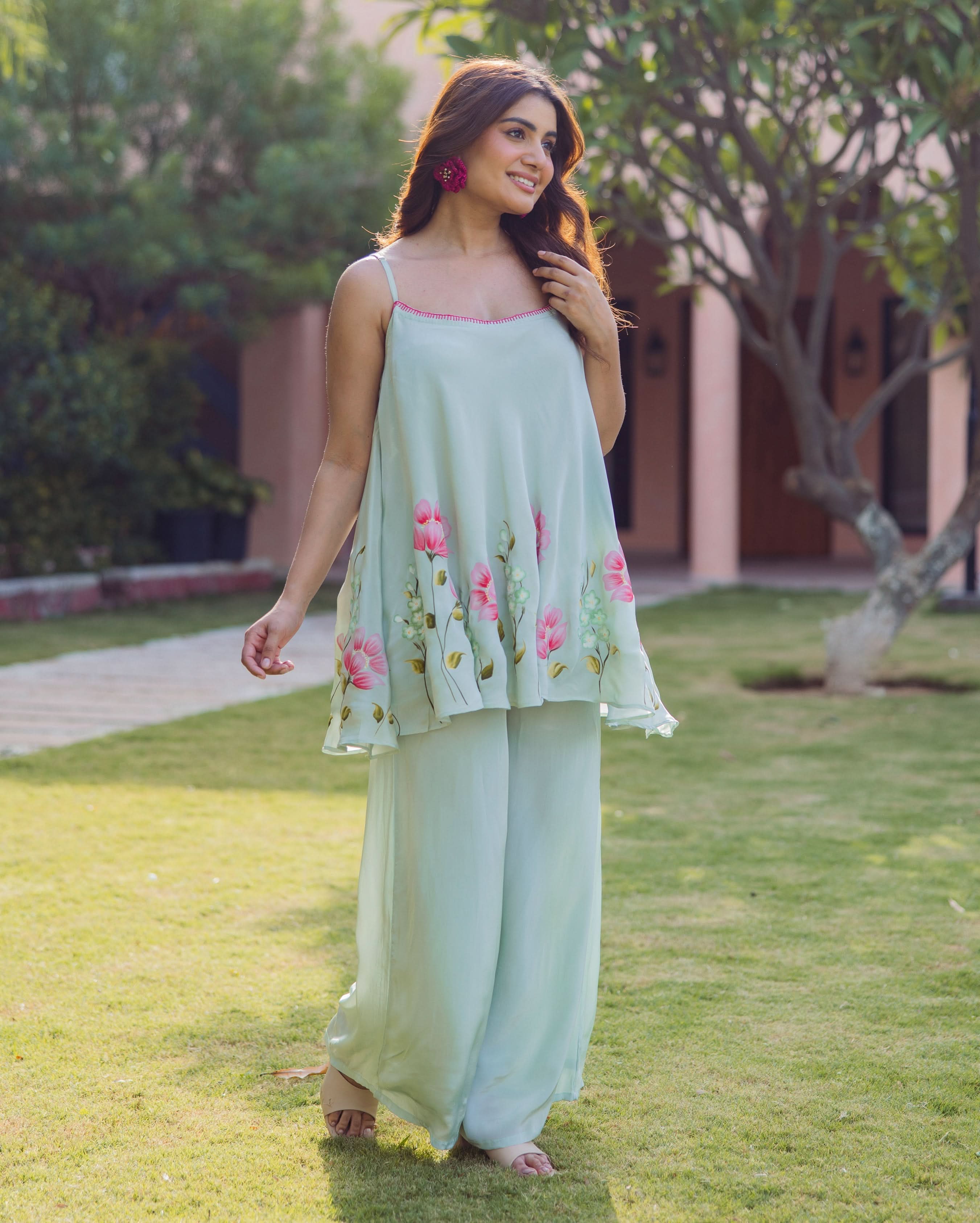 Sanskriti Sage Green Handpainted Crepe Coord Set - Image 4